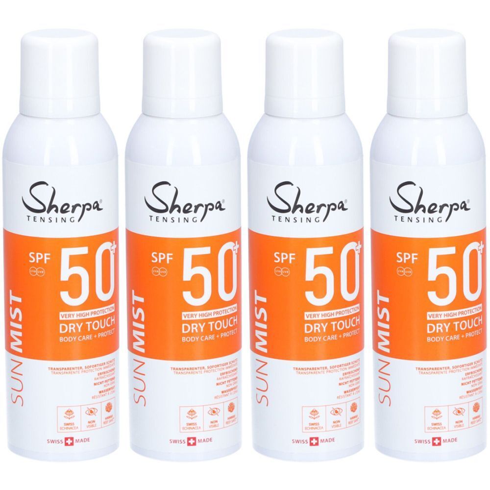 Quatre sprays Sherpa Tensing Sun Mist SPF 50. Bouteilles blanches avec étiquettes oranges. Drapeau suisse.