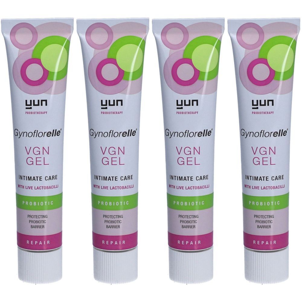 Quatre tubes de gel Gynoflorelle VGN. Tubes blancs avec cercles roses et verts. Inscription : Intimate Care, Probiotic, Repair.