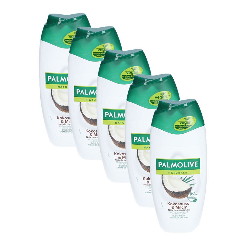 Six flacons de crème de douche blancs avec des bouchons verts. Inscription: PALMOLIVE Naturals Noix de coco & Lait. Label végétalien.