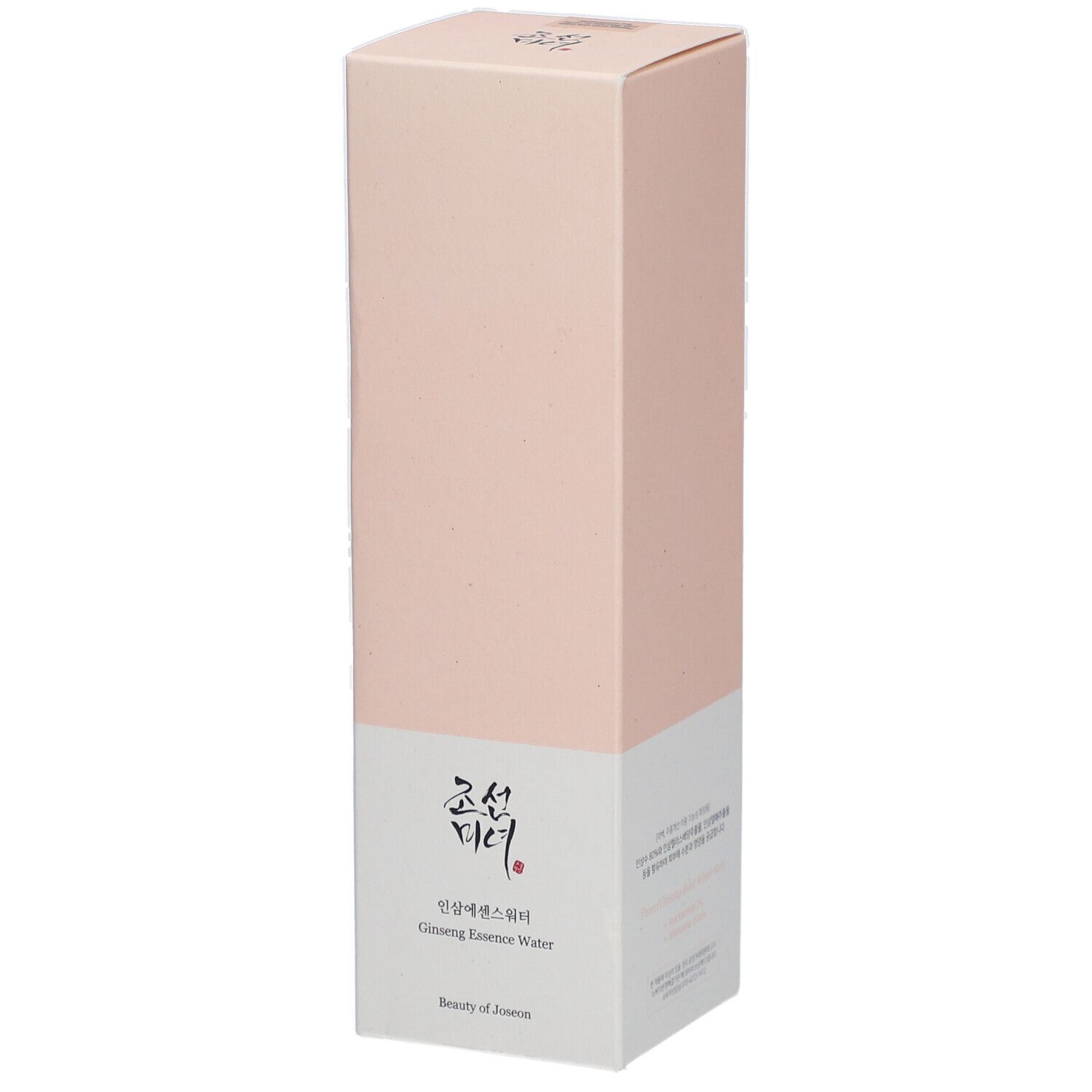 Emballage rose et blanc. Inscription: Ginseng Essence Water. Marque: Beauty of Joseon.