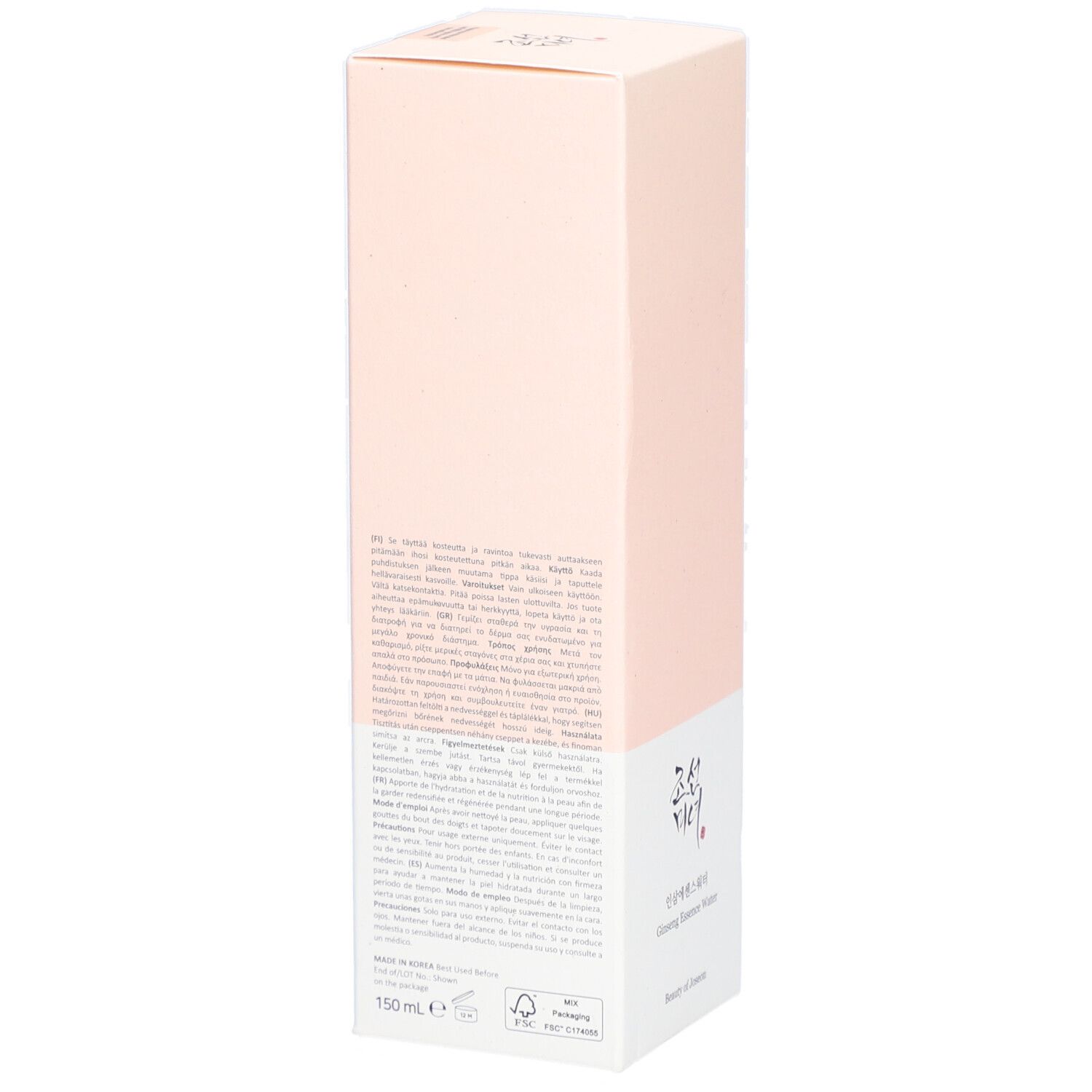 Emballage produit rose et blanc. Texte au dos. Inscription: Ginseng Essence Water. Marque: Beauty of Joseon.