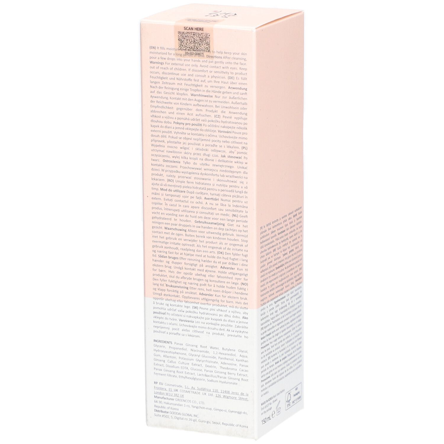 Emballage produit rose et blanc. Texte au dos. Inscription: Ginseng Essence Water. Marque: Beauty of Joseon.