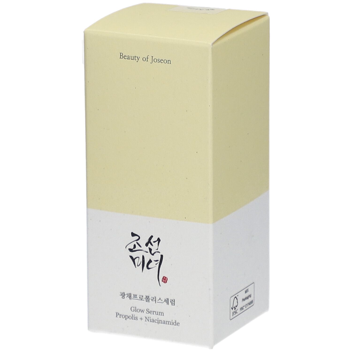 Emballage cartonné bicolore. Nom du produit et logo visibles. Certification FSC.