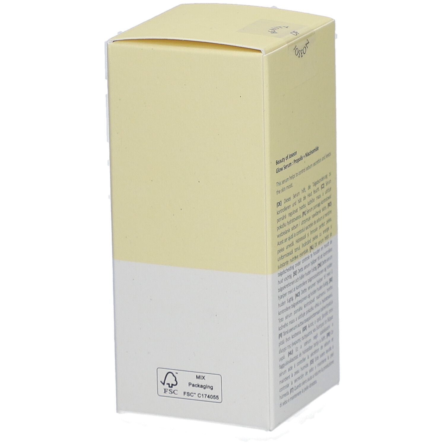 Vue latérale de l'emballage cartonné avec certification FSC et symboles de recyclage.