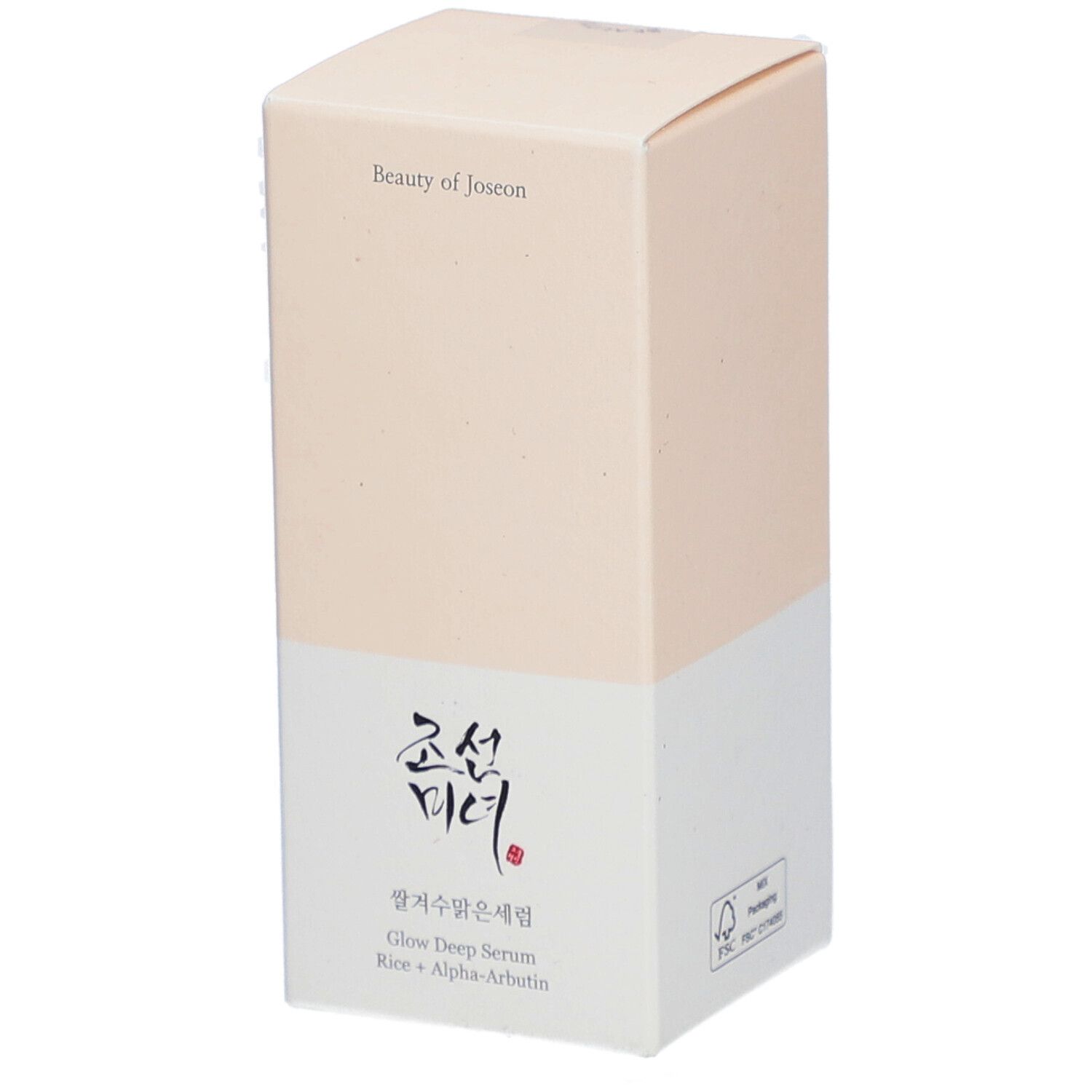 Boîte beige. Inscription: Beauty of Joseon, Glow Deep Serum Rice + Arbutin. Logo FSC.