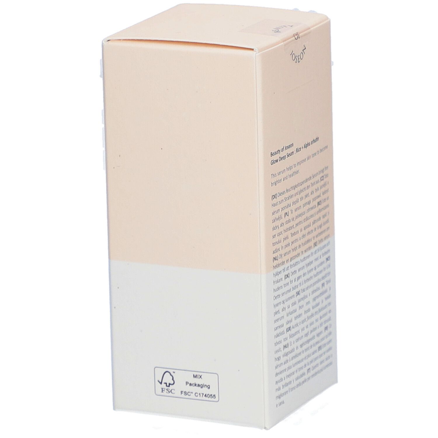 Dos de la boîte en carton. Logo FSC. Texte multilingue. Marque: Beauty of Joseon.