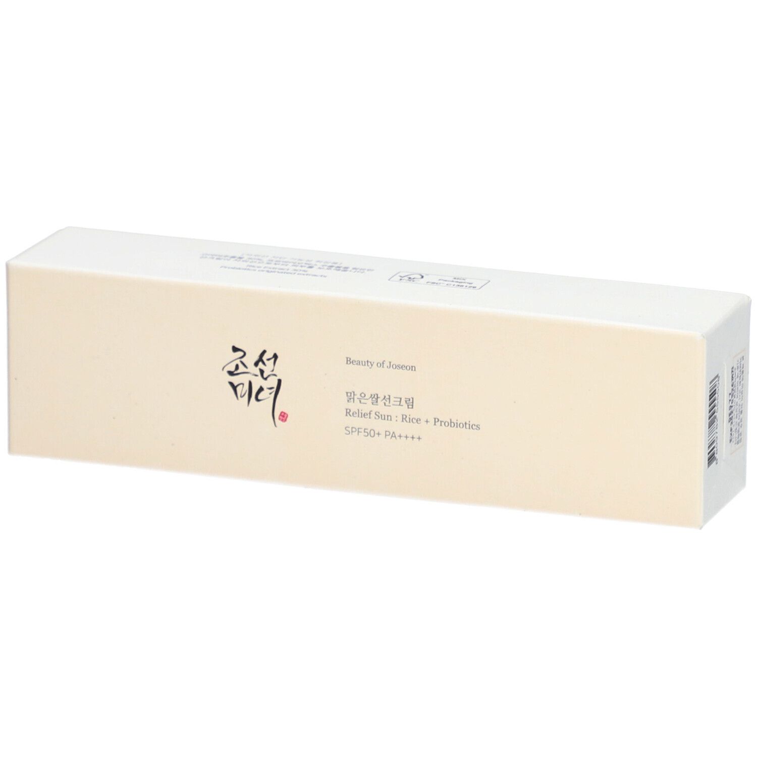 Emballage beige. Inscription : Beauty of Joseon, Relief Sun Rice + Probiotics SPF50+ PA++++.