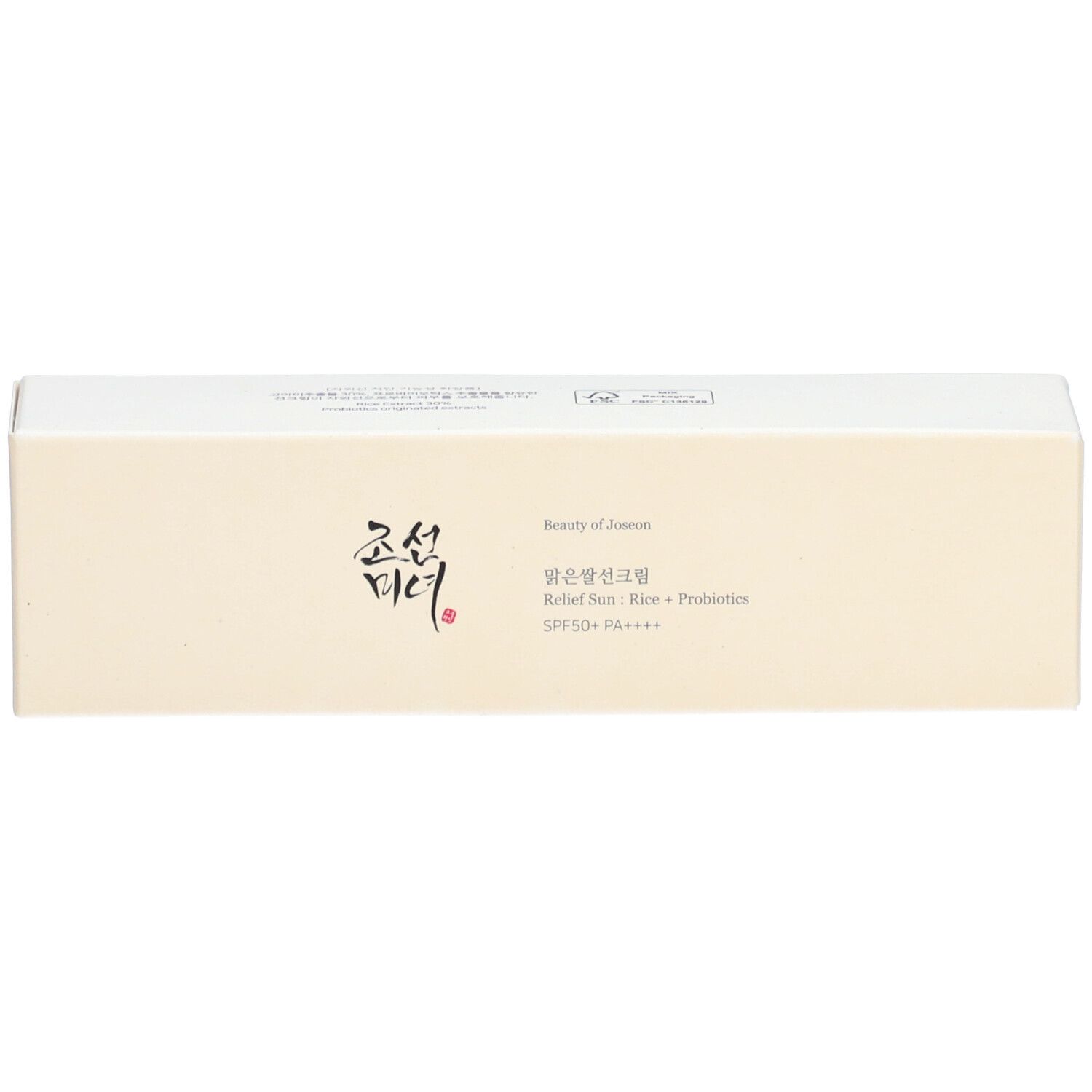 Emballage beige. Inscription : Beauty of Joseon, Relief Sun Rice + Probiotics SPF50+ PA++++.