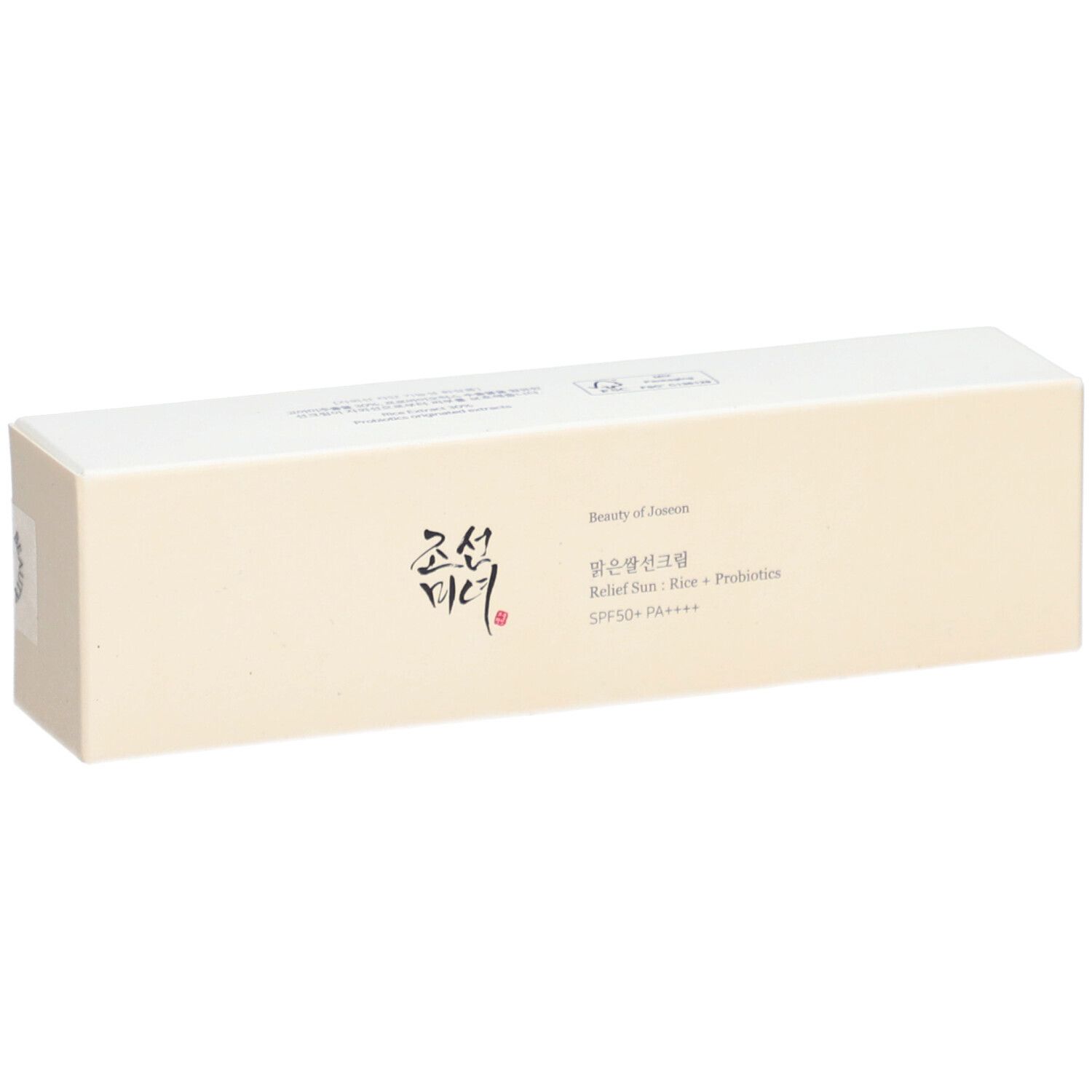 Emballage beige. Inscription : Beauty of Joseon, Relief Sun Rice + Probiotics SPF50+ PA++++.