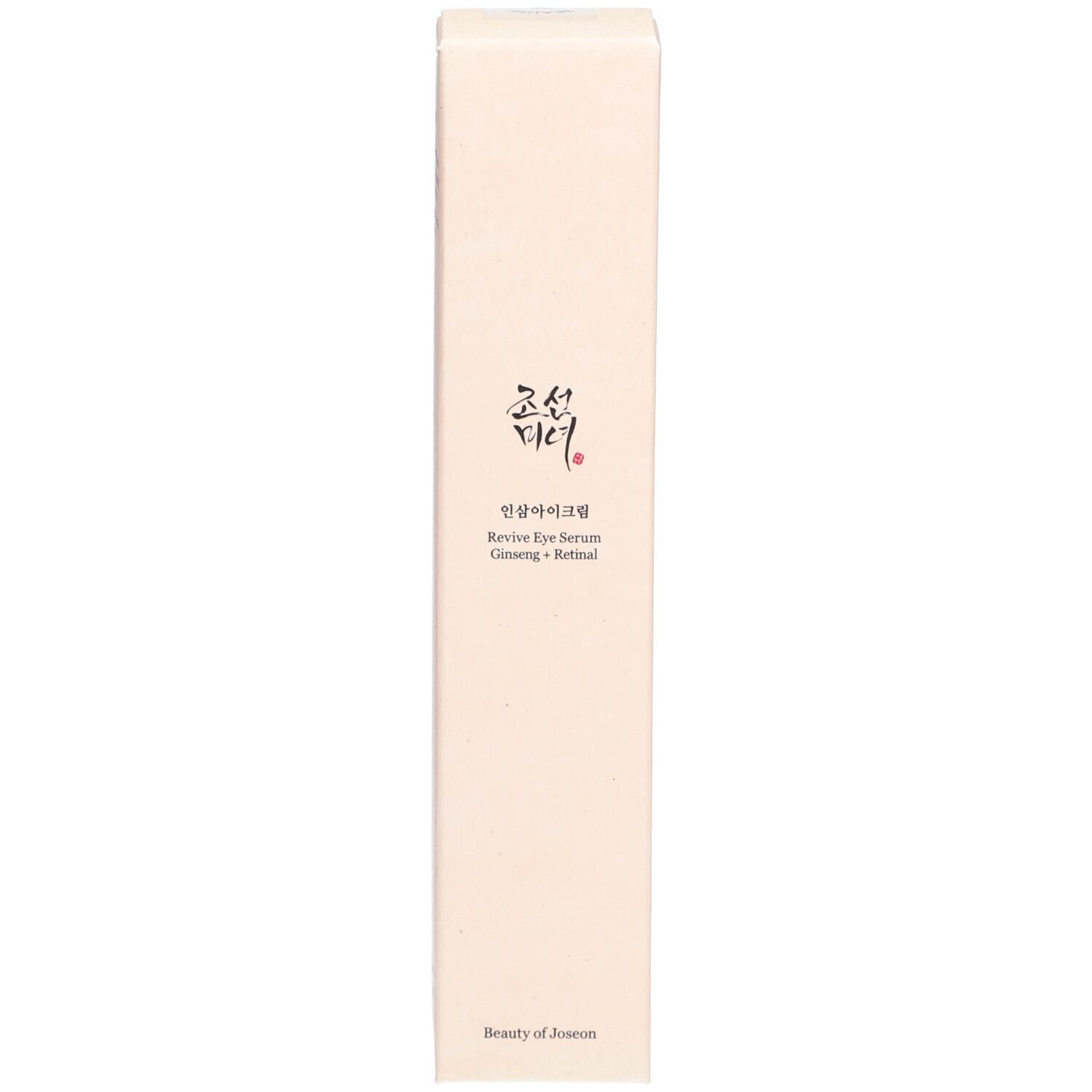 Boîte, rose clair. Inscription : Revive Eye Serum Ginseng + Retinal. Marque : Beauty of Joseon.