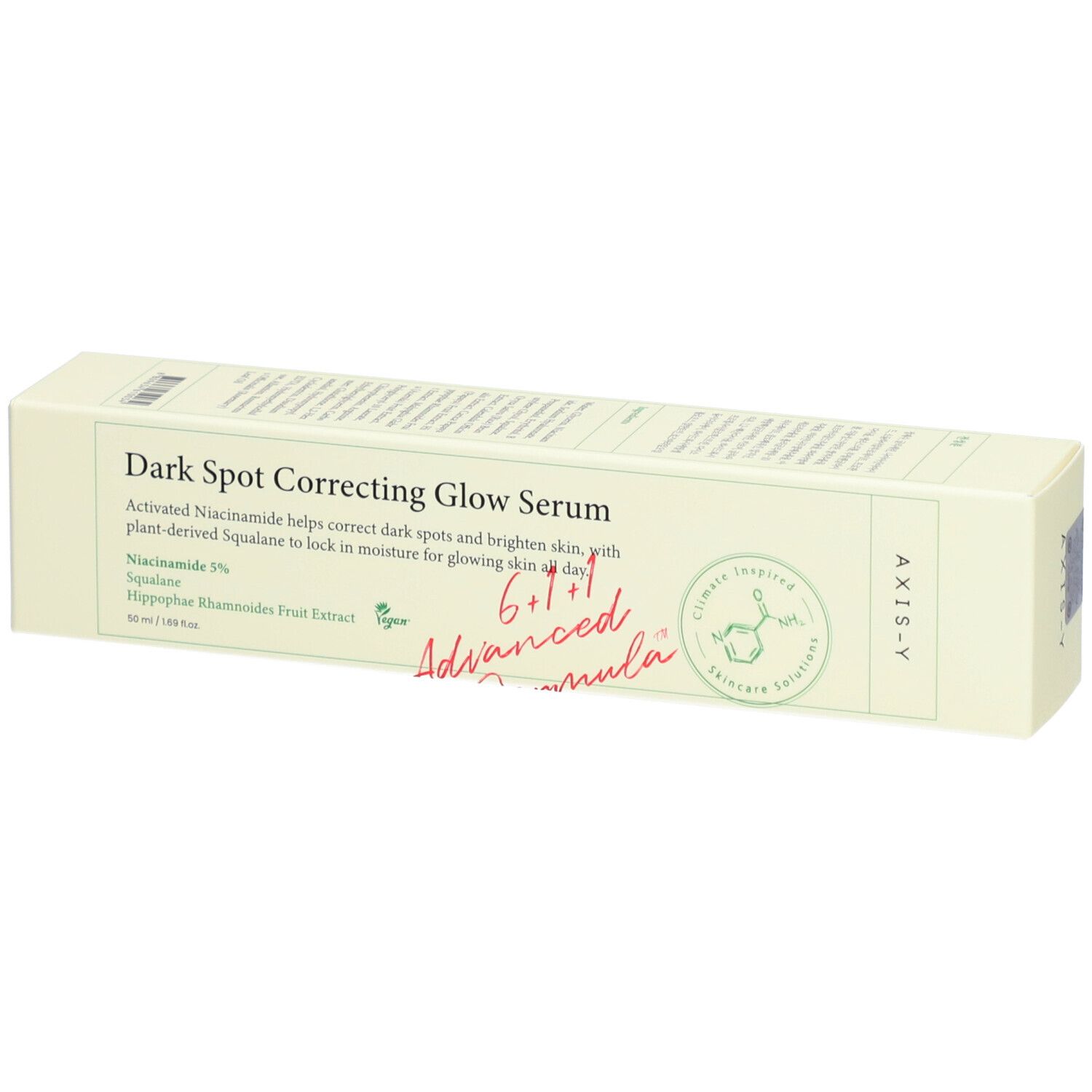 Emballage beige. Texte: Dark Spot Correcting Glow Serum. Marque: AXIS-Y. Ingrédients et certifications visibles.