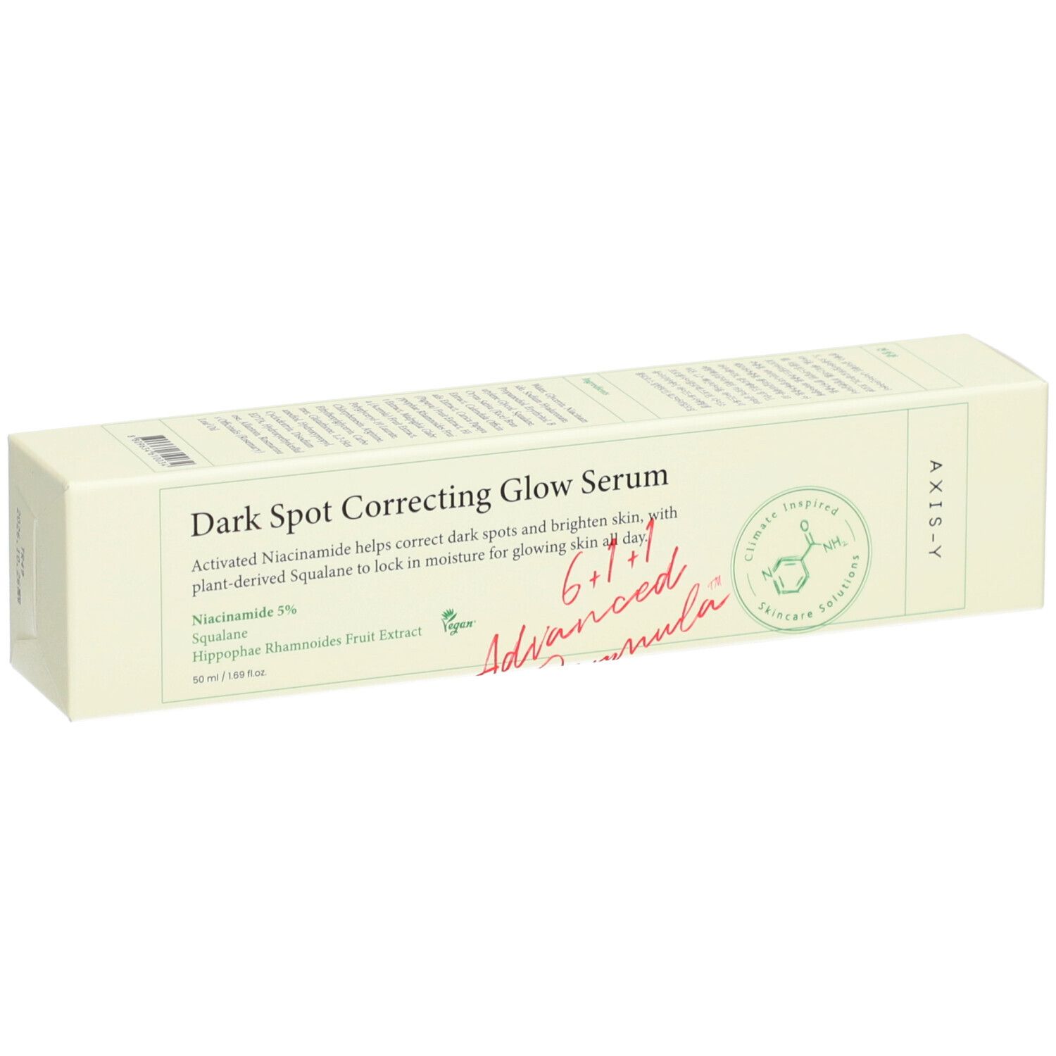 Emballage beige. Texte: Dark Spot Correcting Glow Serum. Marque: AXIS-Y. Ingrédients et certifications visibles.