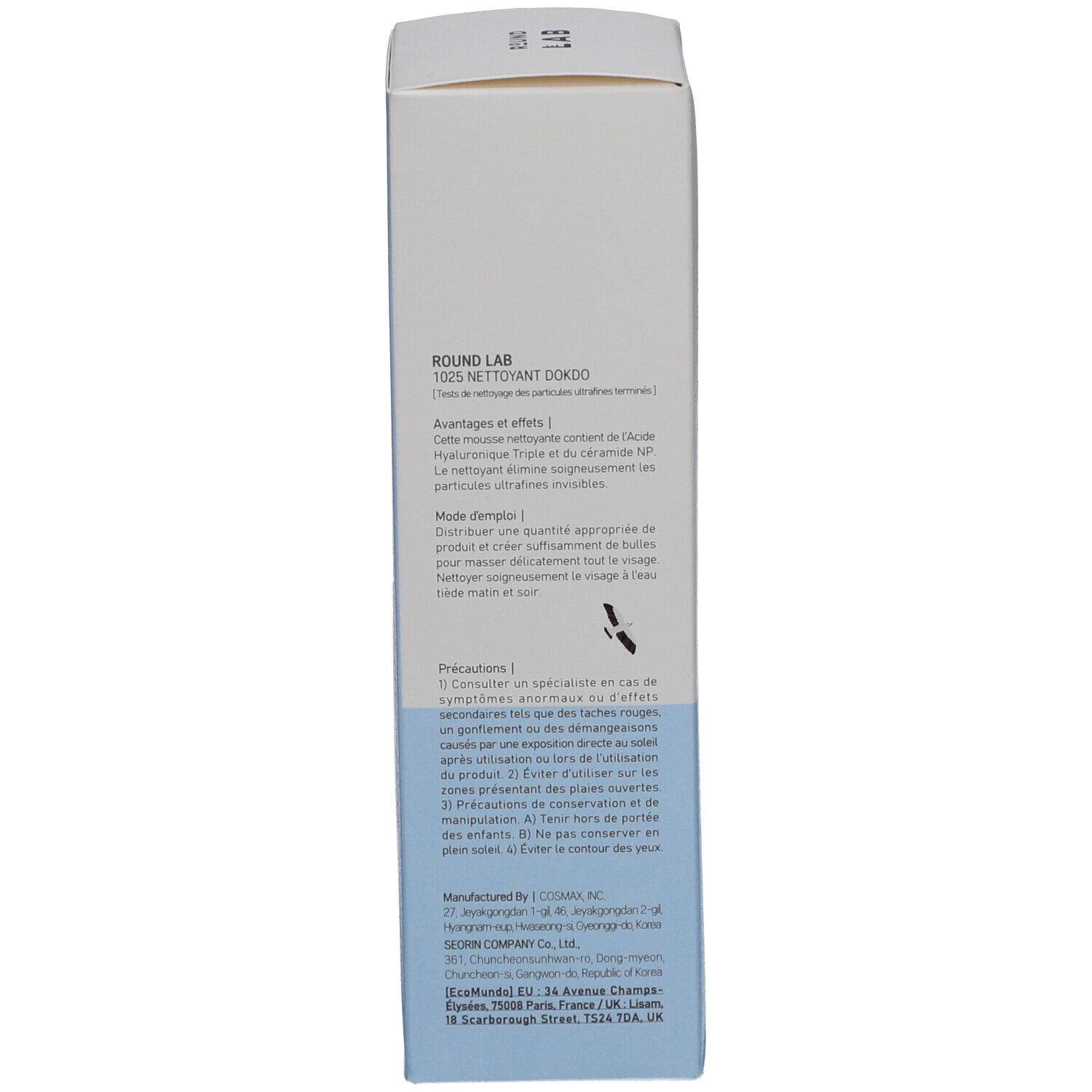 Boîte avec informations produit en français. Texte et logos.