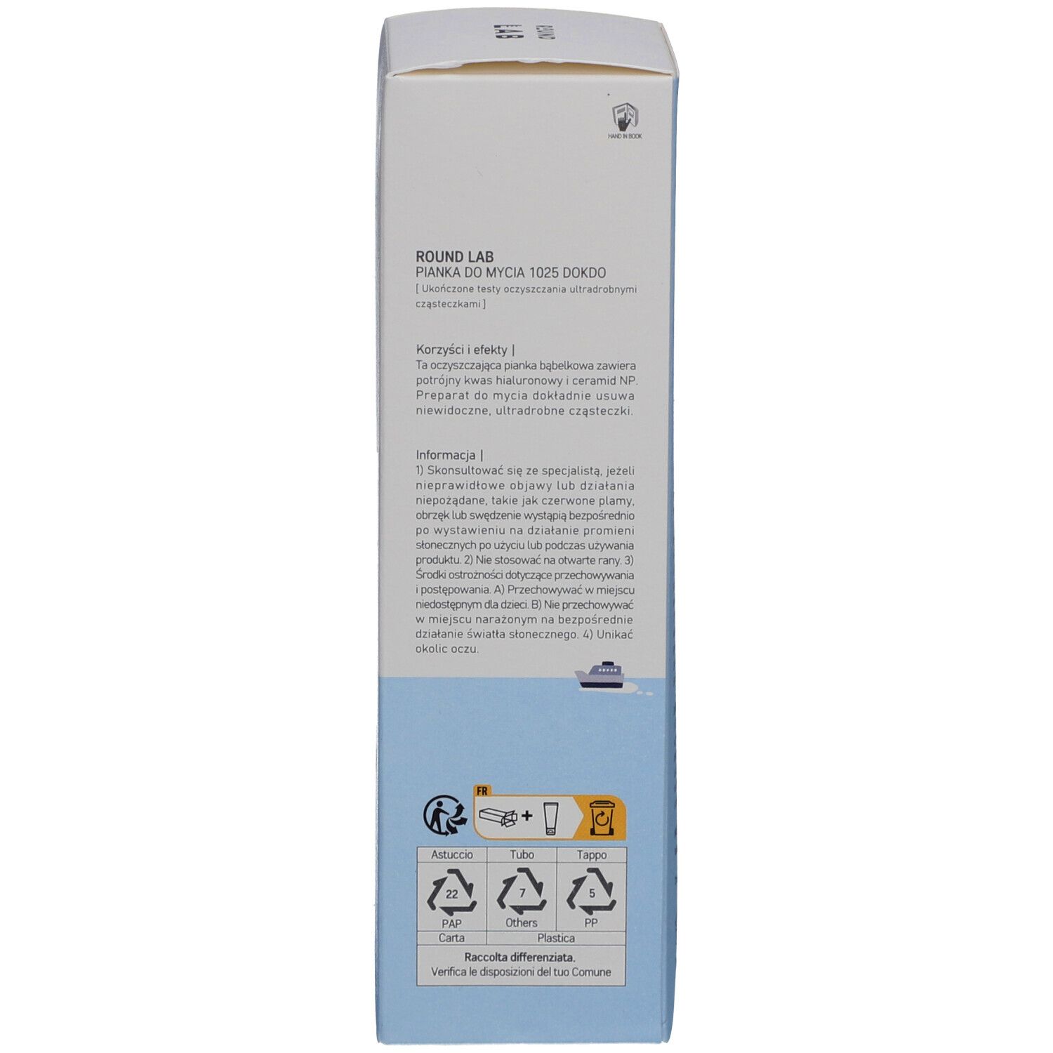 Boîte avec informations produit en polonais. Symboles de recyclage.