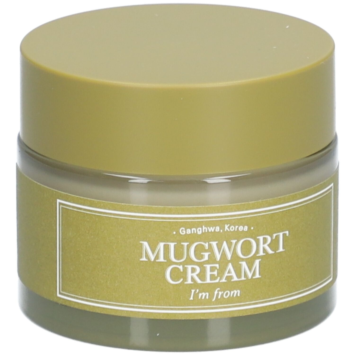 Pot de crème avec couvercle. L'étiquette indique "Mugwort Cream" et "I'm from".