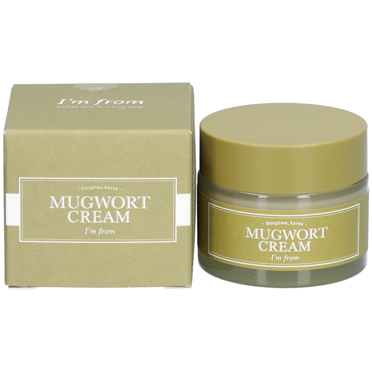 Pot de crème et boîte. "Mugwort Cream" et "I'm from" sont indiqués sur le pot et la boîte.