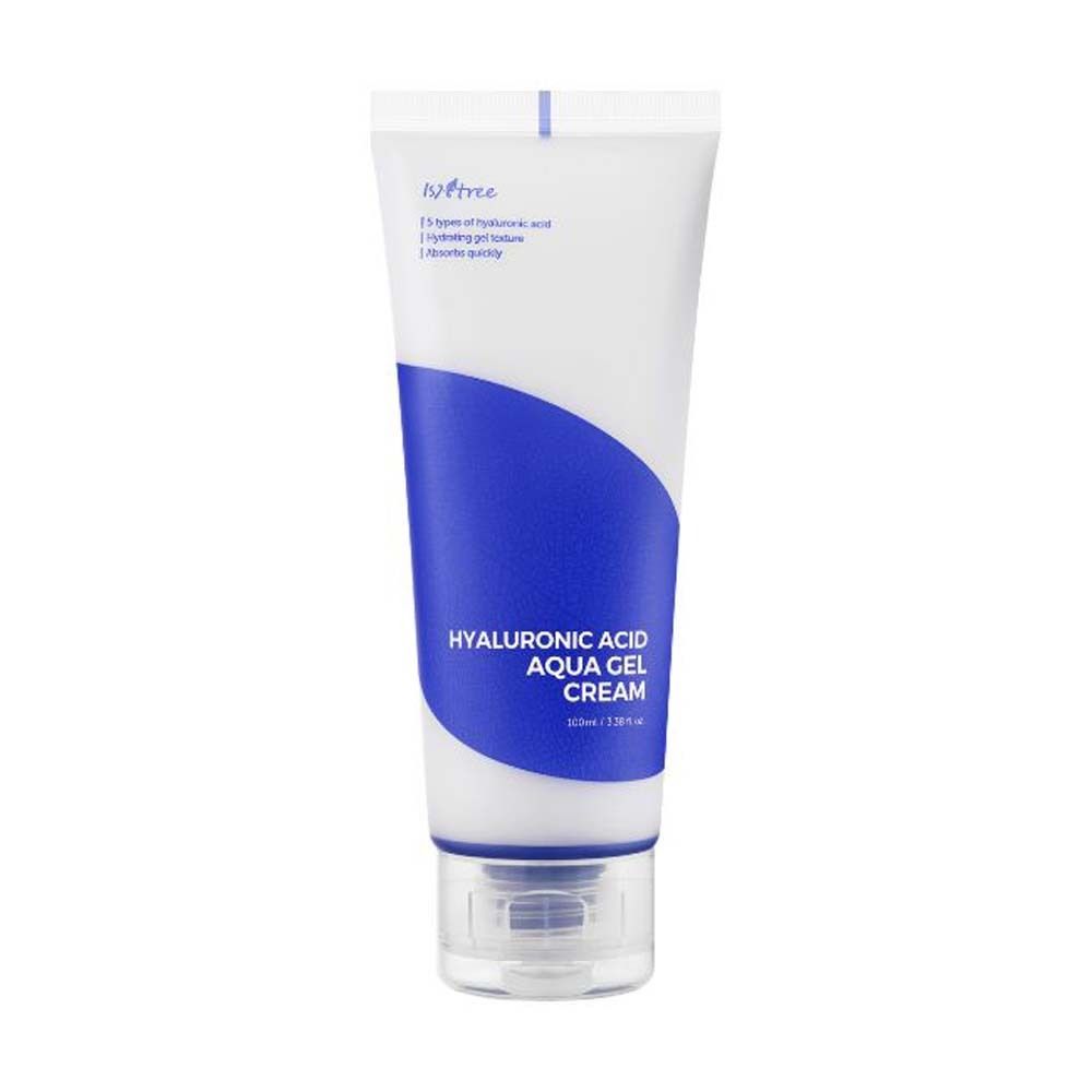 Tube blanche avec bande bleue. Inscription: Hyaluronic Acid Aqua Gel Cream. Marque Isntree.