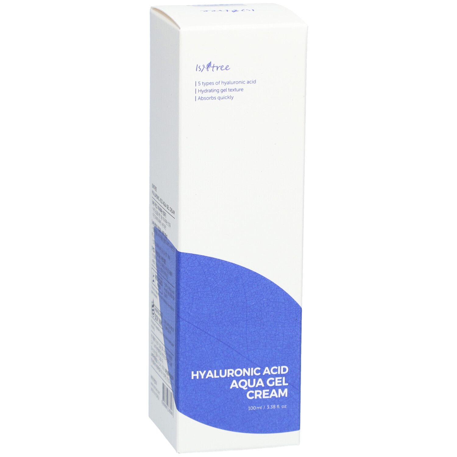 Emballage blanc avec design bleu. Inscription: Hyaluronic Acid Aqua Gel Cream. Marque Isntree.