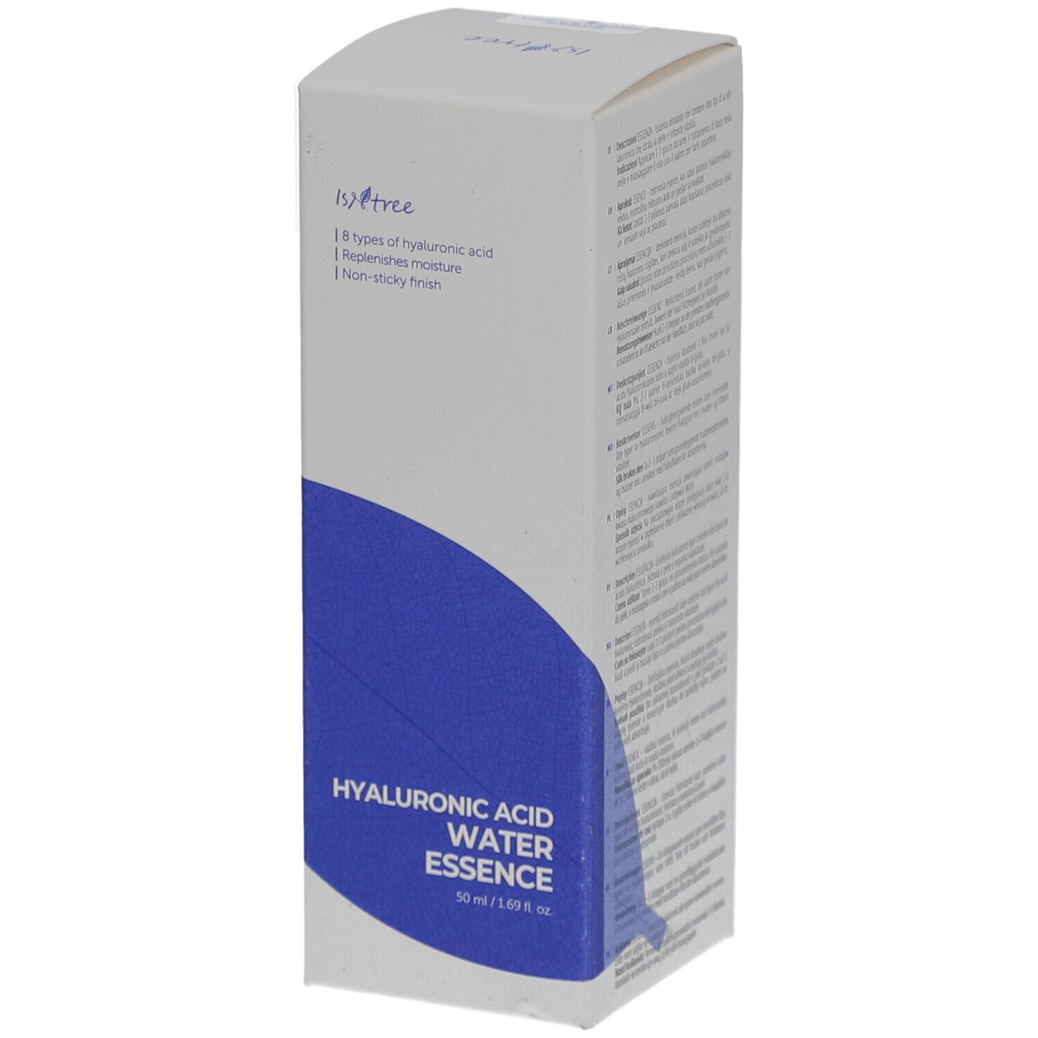 Emballage en carton avec design bleu et texte: Essence d'eau à l'acide hyaluronique. Marque Isntree. Contient des informations produit multilingues.