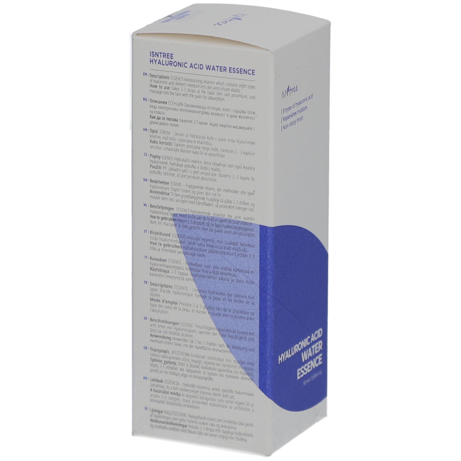 Emballage en carton avec design bleu et texte: Essence d'eau à l'acide hyaluronique. Marque Isntree. Dos avec informations produit multilingues.