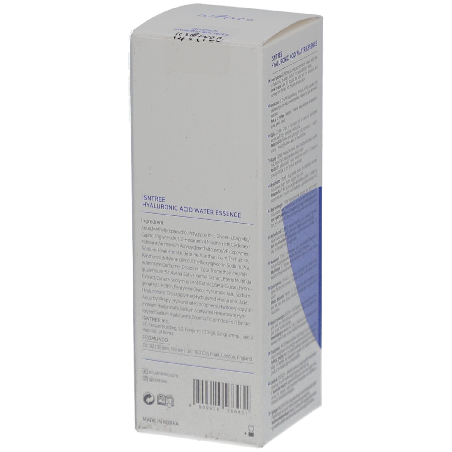 Emballage en carton avec design bleu et texte: Essence d'eau à l'acide hyaluronique. Marque Isntree. Dos avec informations produit multilingues.