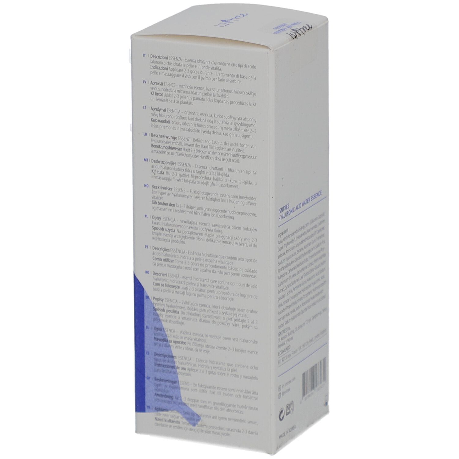 Emballage en carton avec design bleu et texte: Essence d'eau à l'acide hyaluronique. Marque Isntree. Dos avec informations produit multilingues.