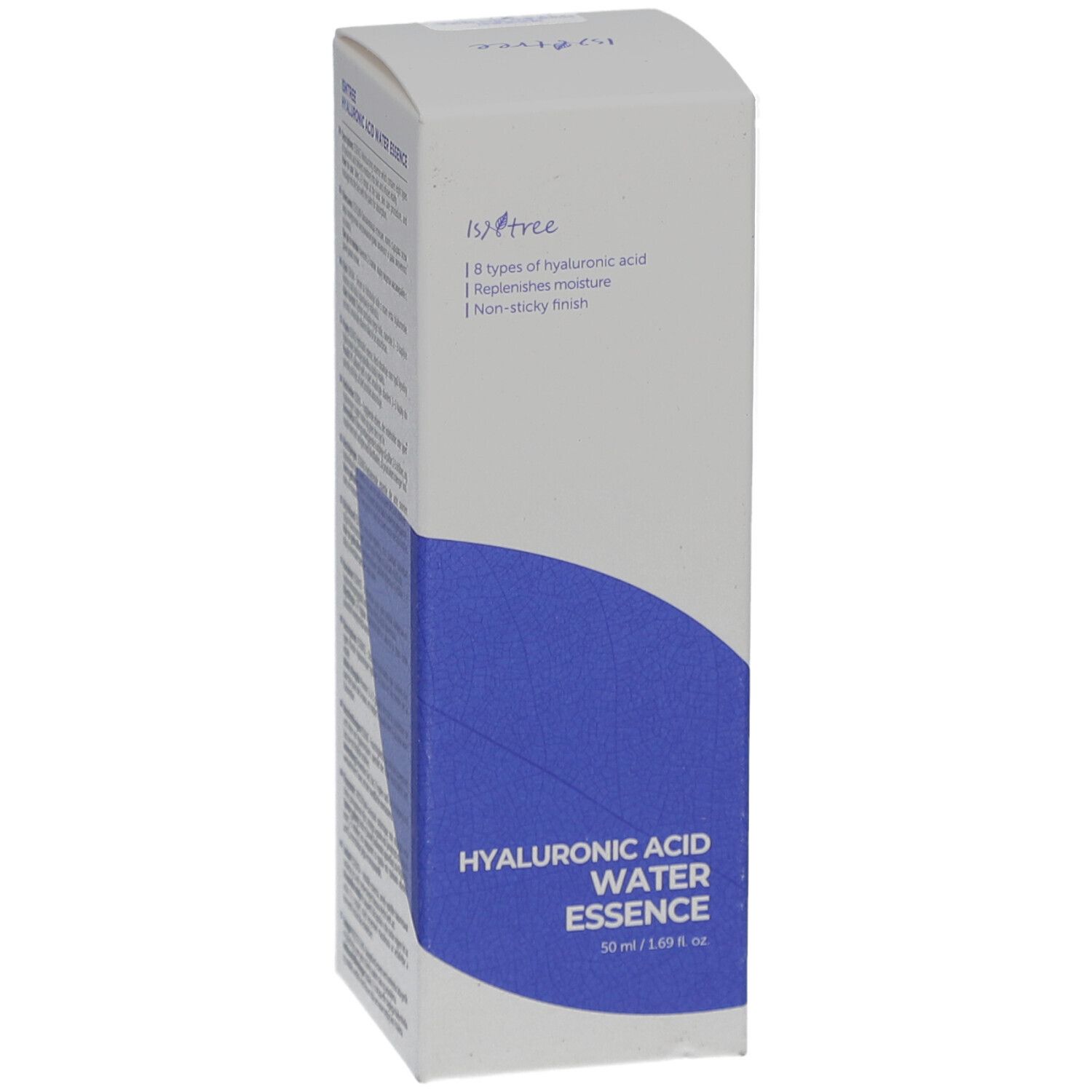 Emballage en carton avec design bleu et texte: Essence d'eau à l'acide hyaluronique. Marque Isntree. Face avant avec informations produit.
