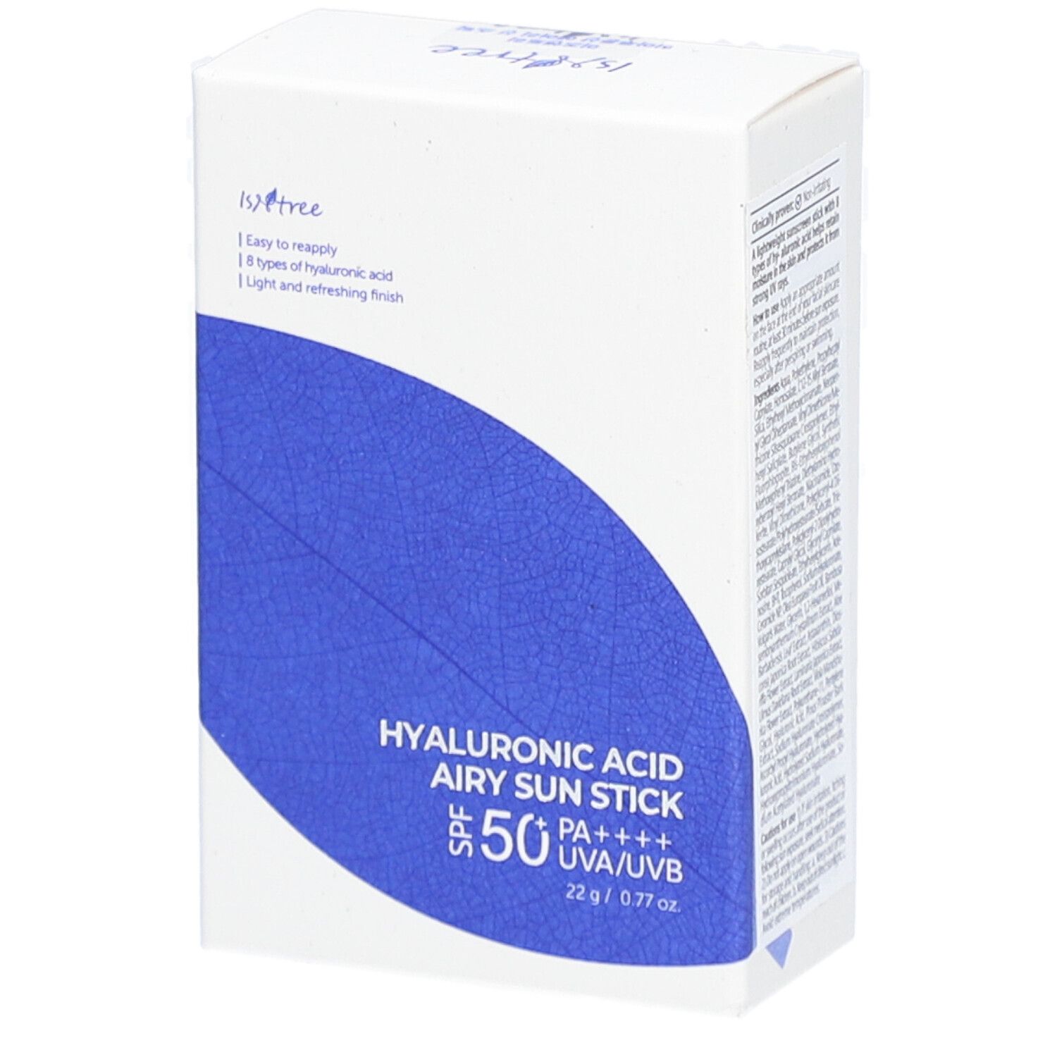 Emballage blanc avec autocollant bleu. Texte: Hyaluronic Acid Airy Sun Stick SPF50+ PA++++. Marque: Isntree. Emballage produit.