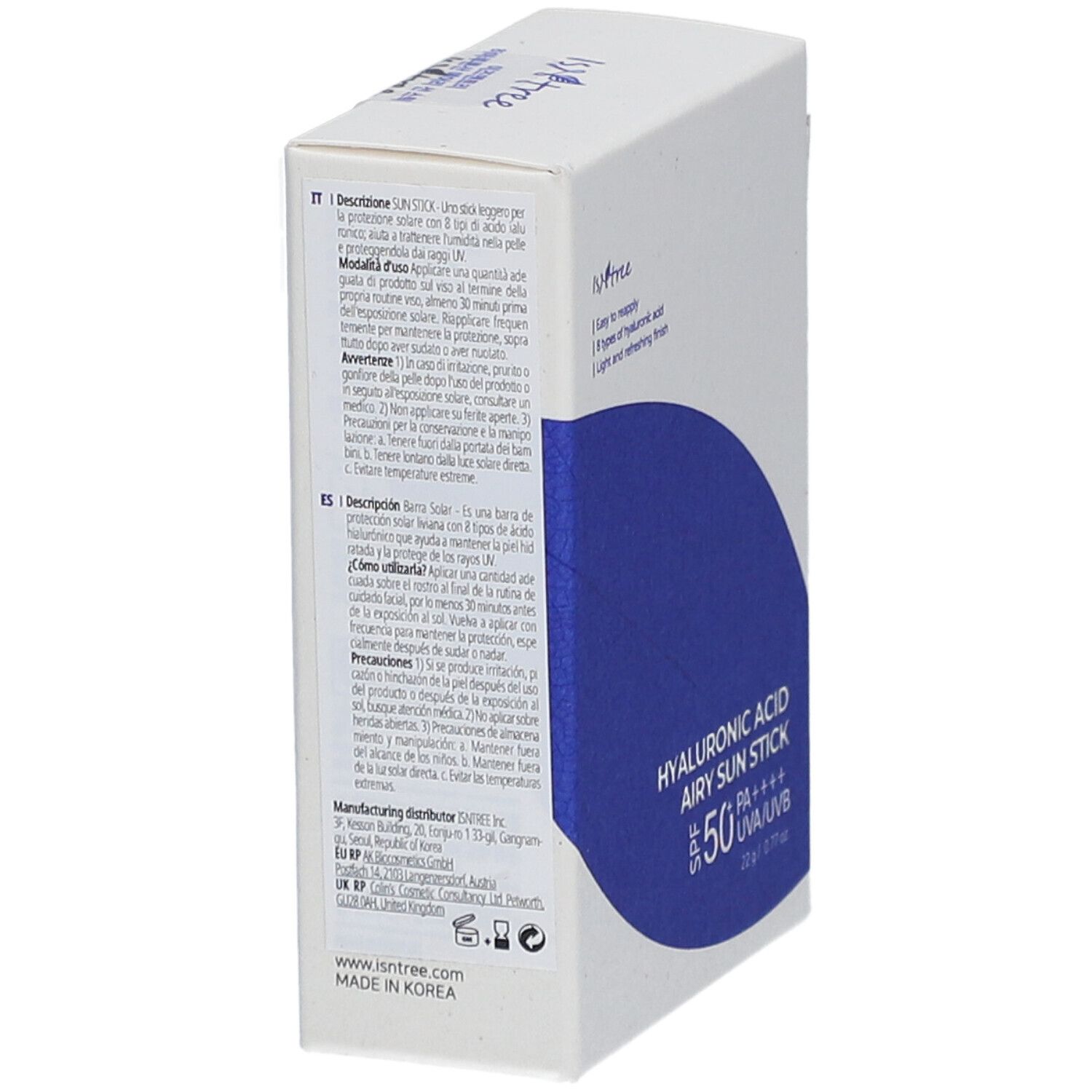 Emballage blanc avec texte et autocollant bleu. Texte: Hyaluronic Acid Airy Sun Stick SPF50+ PA++++. Marque: Isntree. Emballage produit.