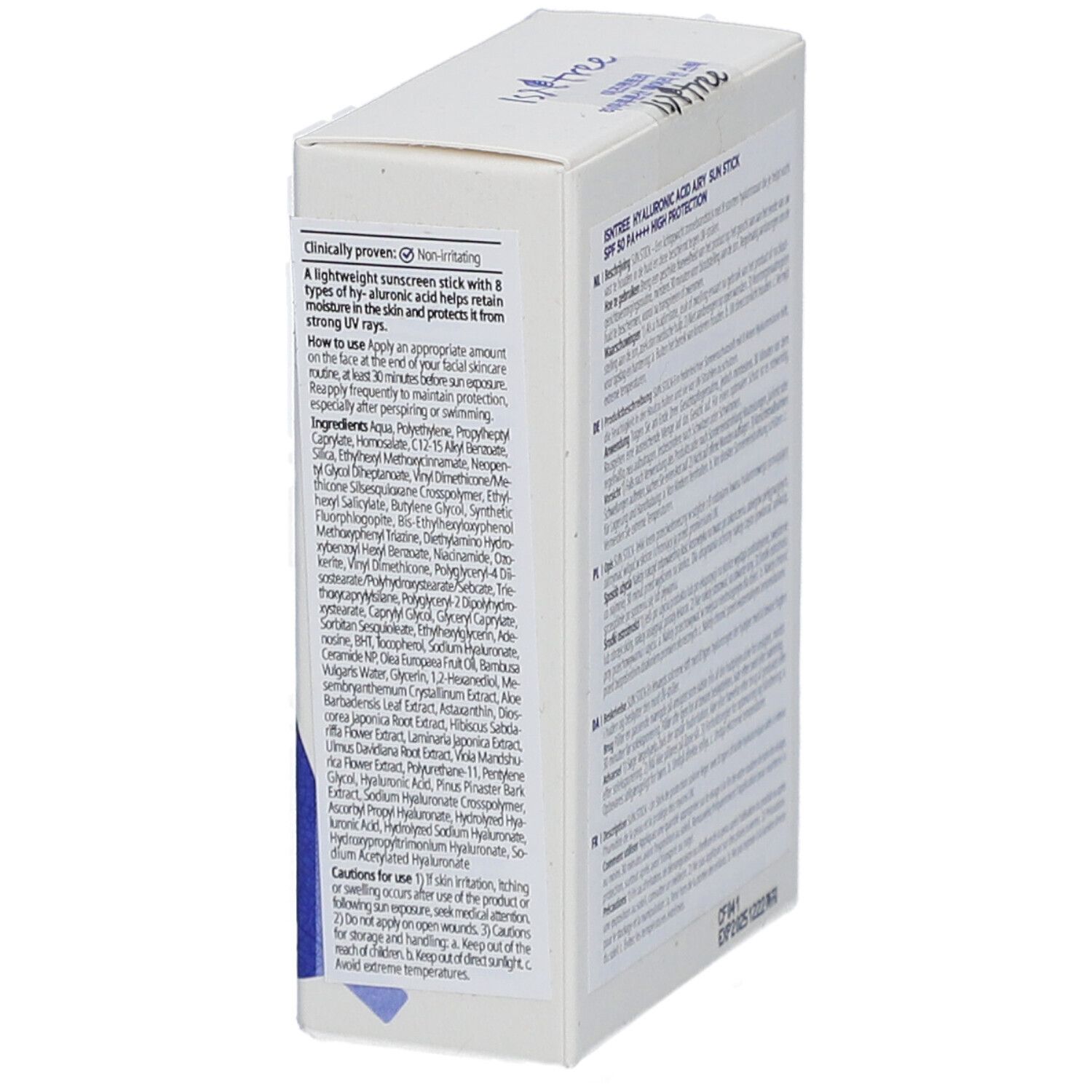Emballage blanc avec texte et autocollant bleu. Texte: Hyaluronic Acid Airy Sun Stick SPF50+ PA++++. Marque: Isntree. Emballage produit.