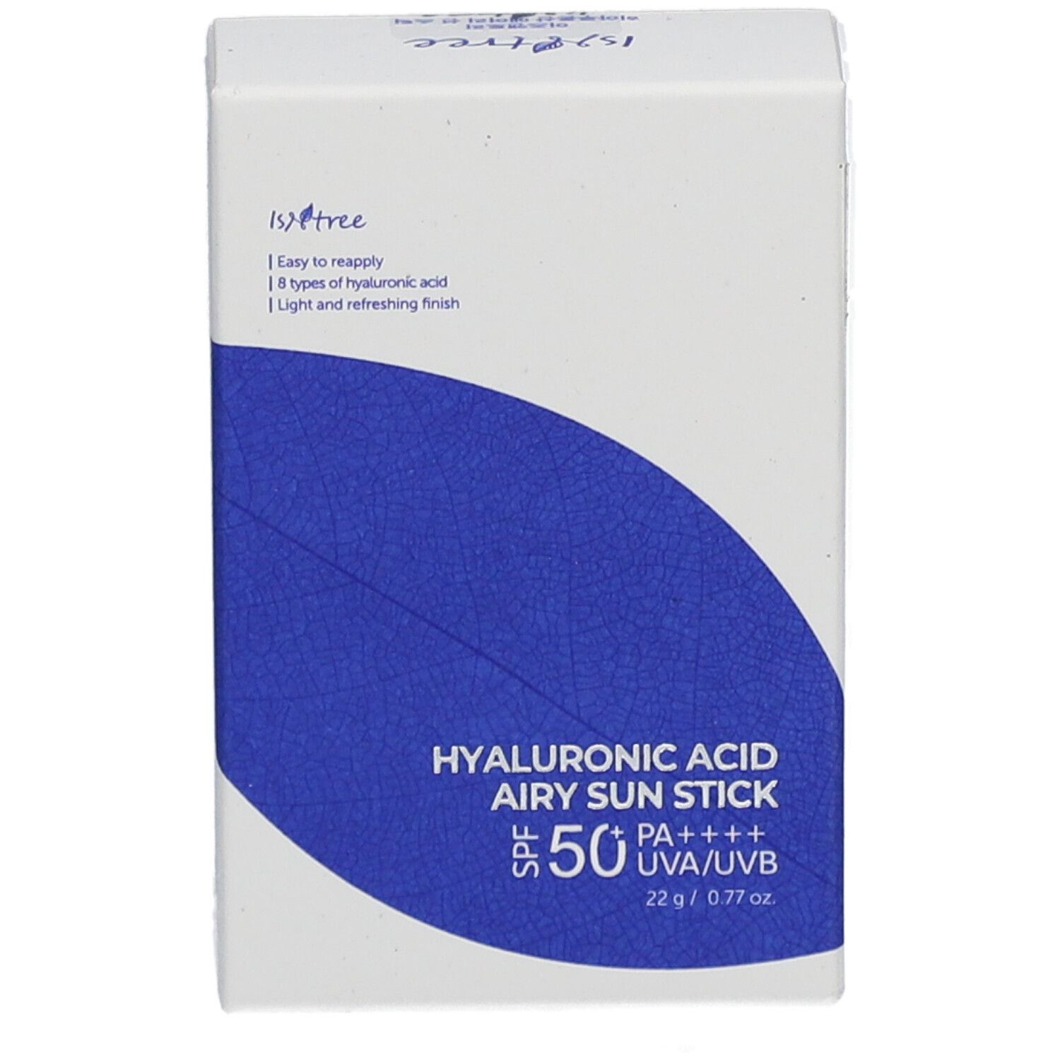 Emballage blanc avec texte et autocollant bleu. Texte: Hyaluronic Acid Airy Sun Stick SPF50+ PA++++. Marque: Isntree. Emballage produit.