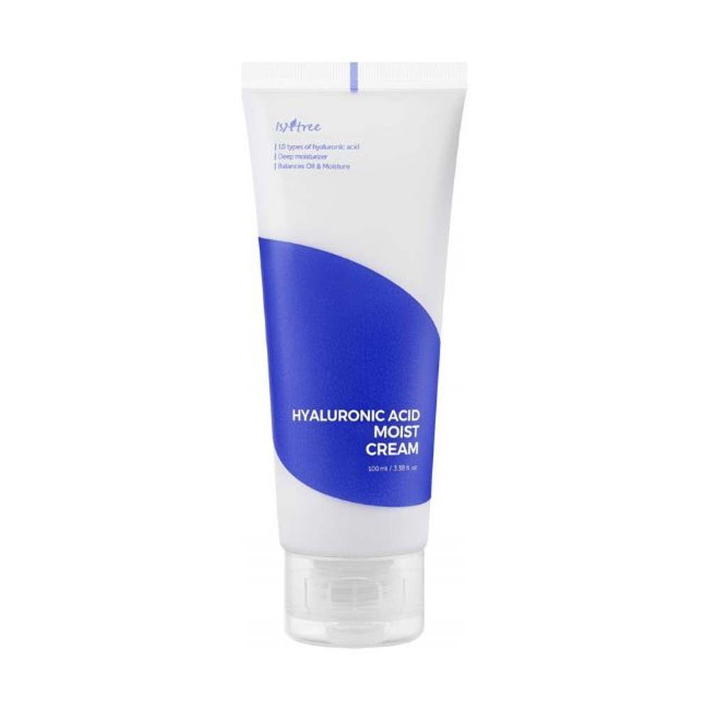 Tube blanche avec bande bleue. Inscription: Hyaluronic Acid Moist Cream. Marque Isntree.