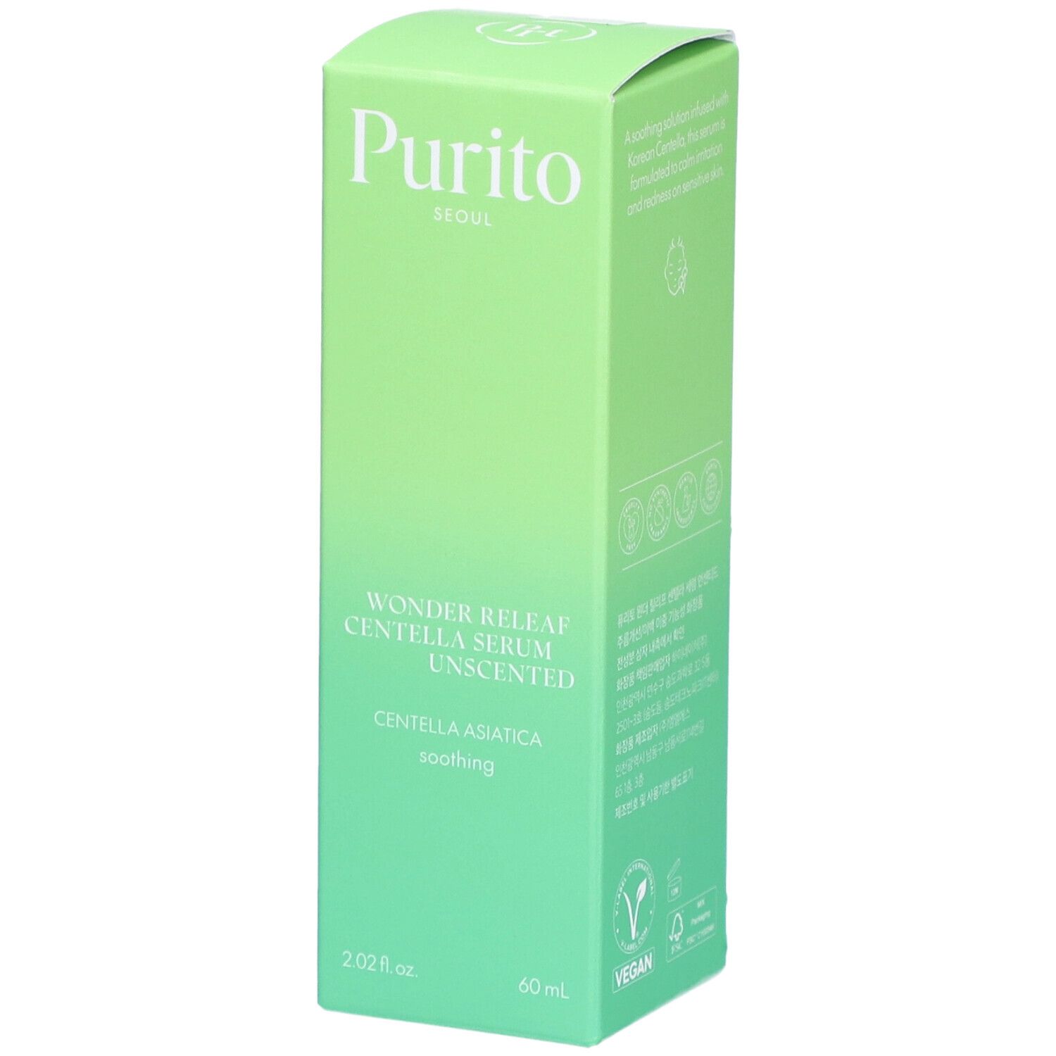 Boîte verte avec informations produit. Inscription : Purito, Wonder Releaf Centella Serum Unscented. Label Vegan.