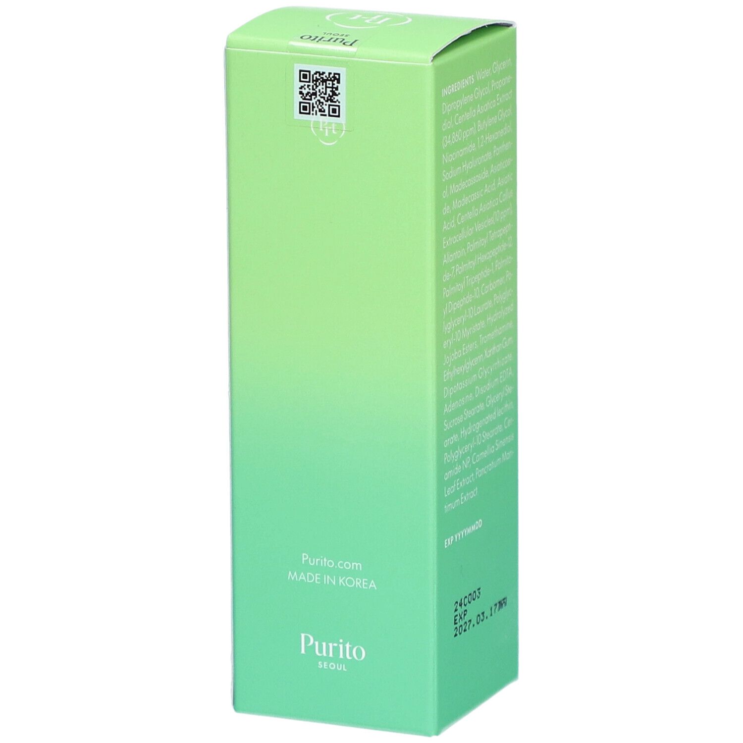 Boîte verte avec informations produit. Inscription : Purito, Made in Korea. Code QR. Label Vegan.