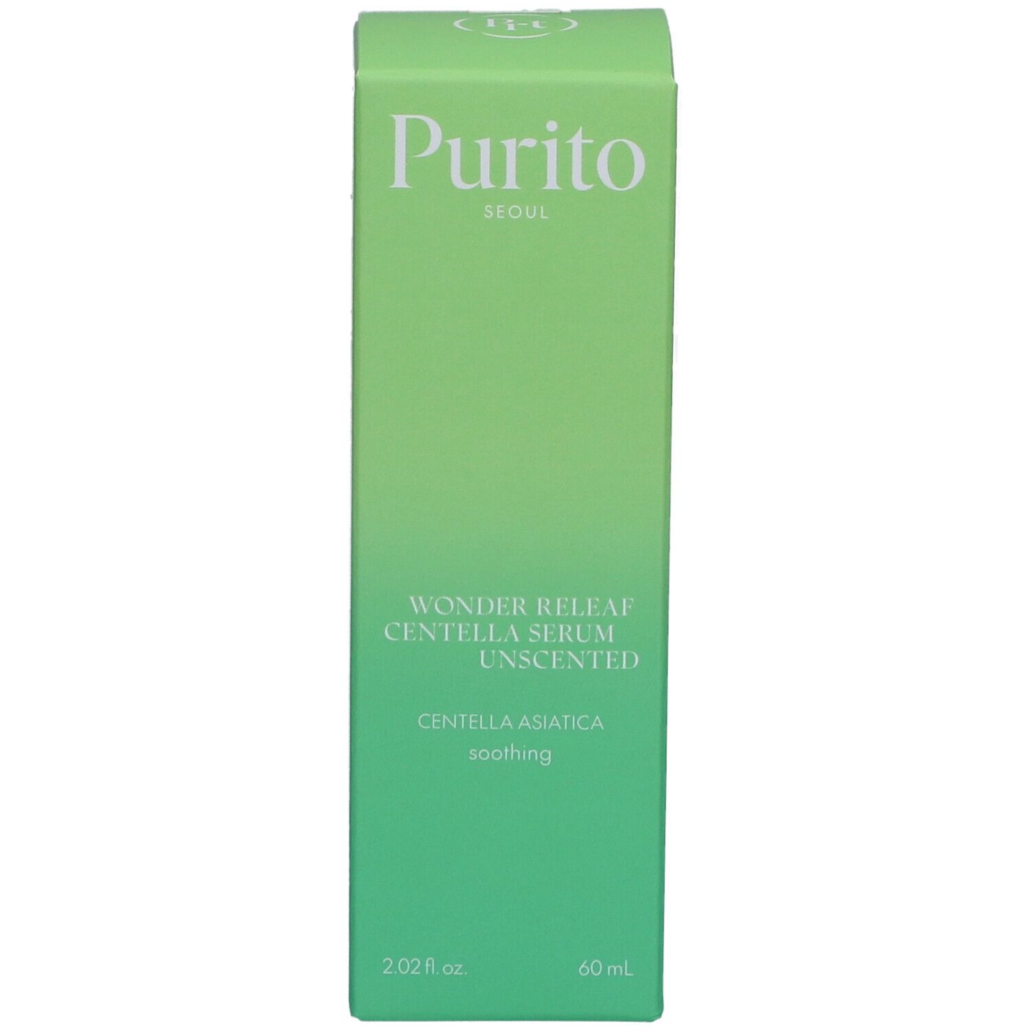 Boîte verte avec informations produit. Inscription : Purito, Wonder Releaf Centella Serum Unscented. Label Vegan.