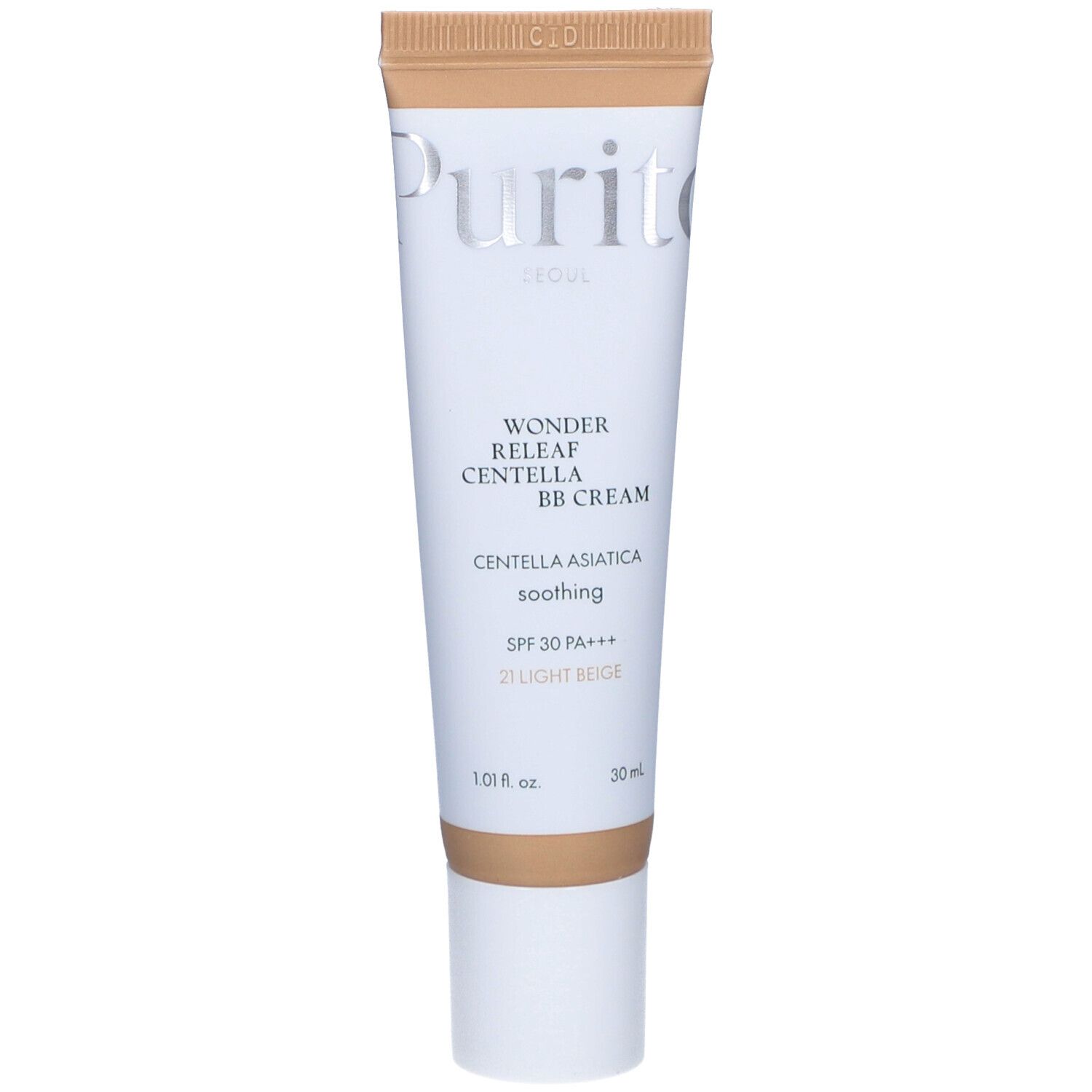 Tube de crème avec inscriptions. Logo végétalien. Texte coréen. Teinte : 21 Light Beige. Date de péremption.