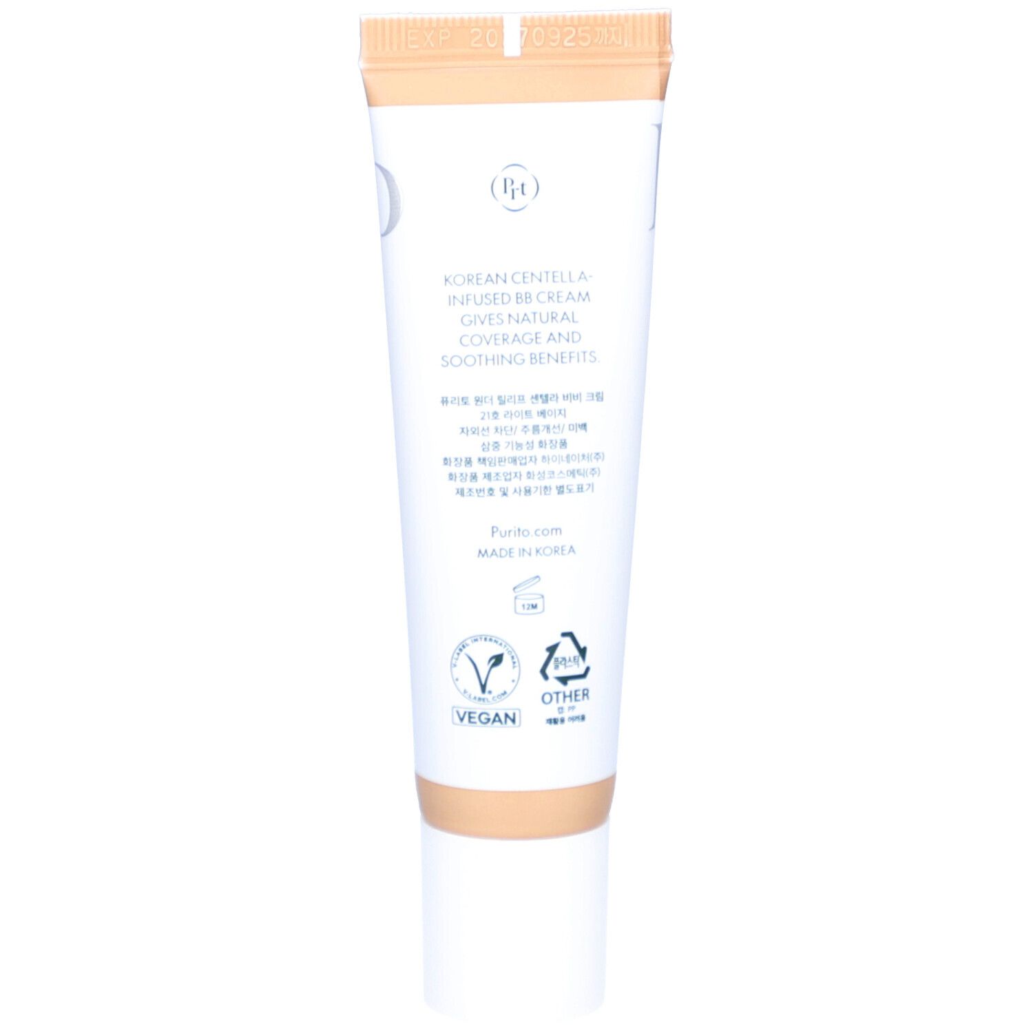 Tube de crème avec inscriptions. Texte : Cica Clearing BB Cream, #21 Light Beige. Logo végétalien. 30 ml/1.0 fl.oz.