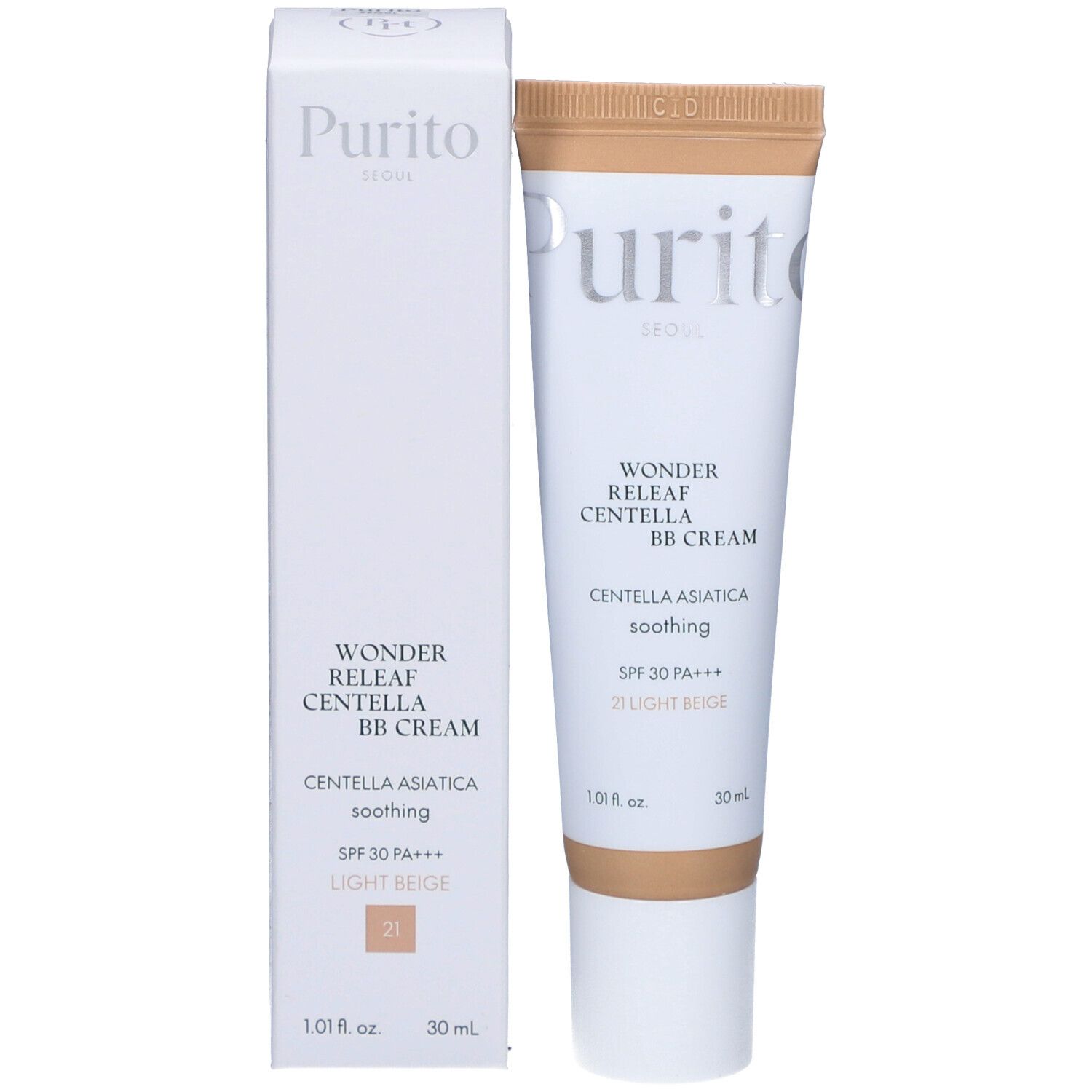 Emballage du produit avec tube de crème. Texte : Cica Clearing BB Cream, #21 Light Beige. Logo végétalien. 30 ml/1.0 fl.oz.