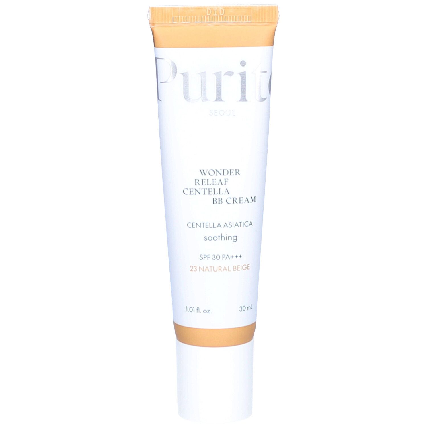 Tube de Cica Clearing BB Cream. Beige et blanc. Texte : #23 Natural Beige, EO & Fragrance free. Marque Purito visible.