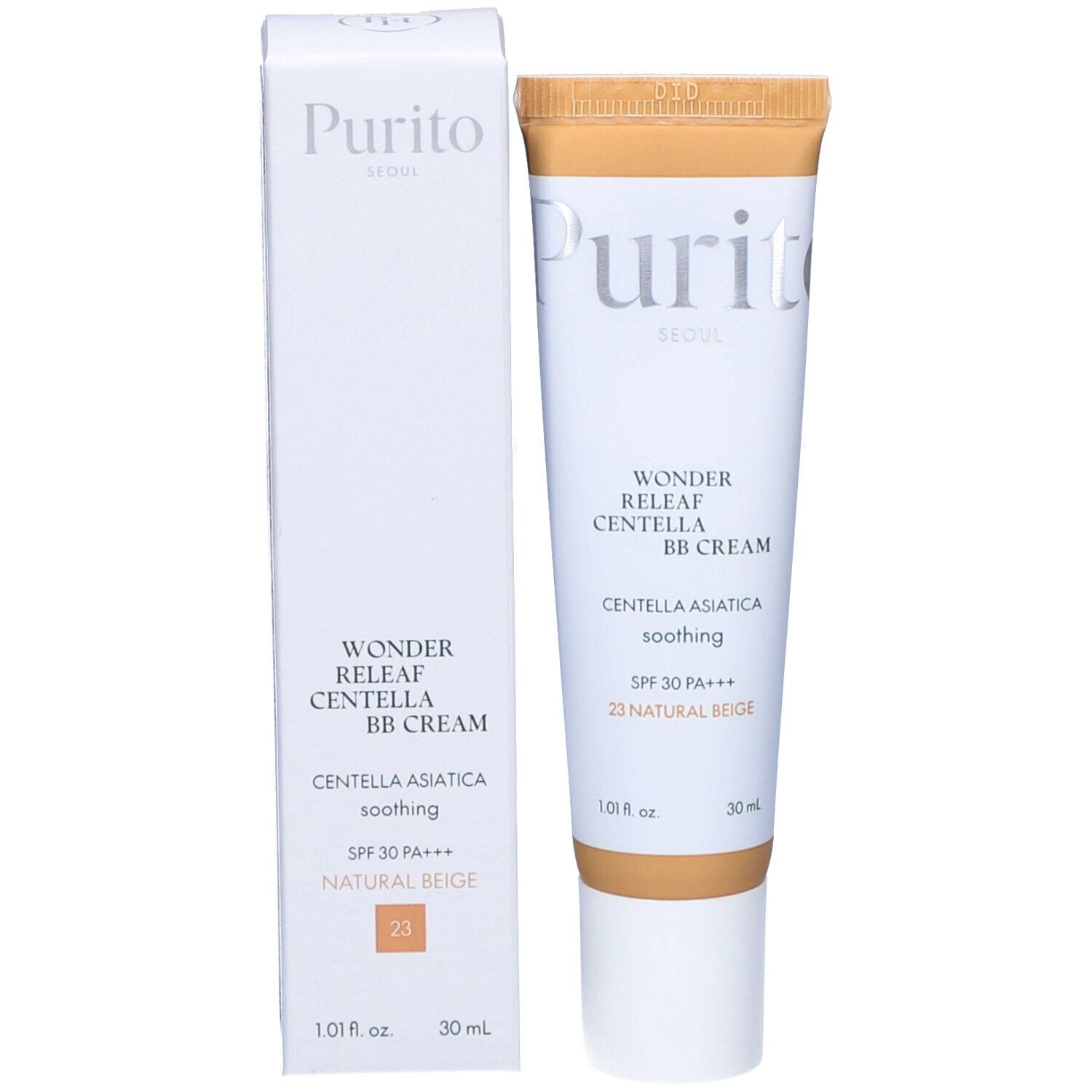Tube et boîte de Cica Clearing BB Cream. Beige et blanc. Texte : #23 Natural Beige, EO & Fragrance free. Marque Purito.