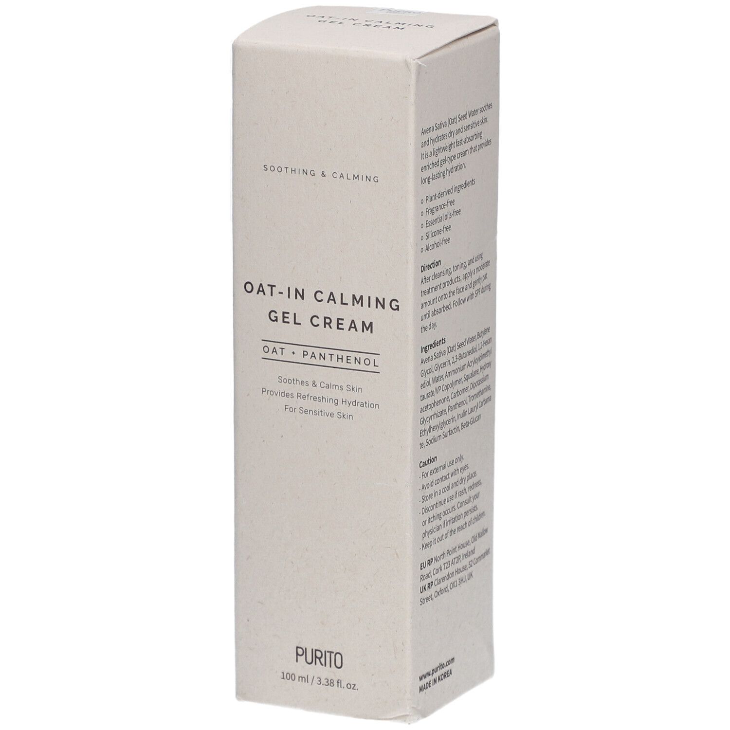 Boîte de crème. OAT-IN CALMING GEL CREAM. Texte, ingrédients, instructions. Logo PURITO. 100 ml.
