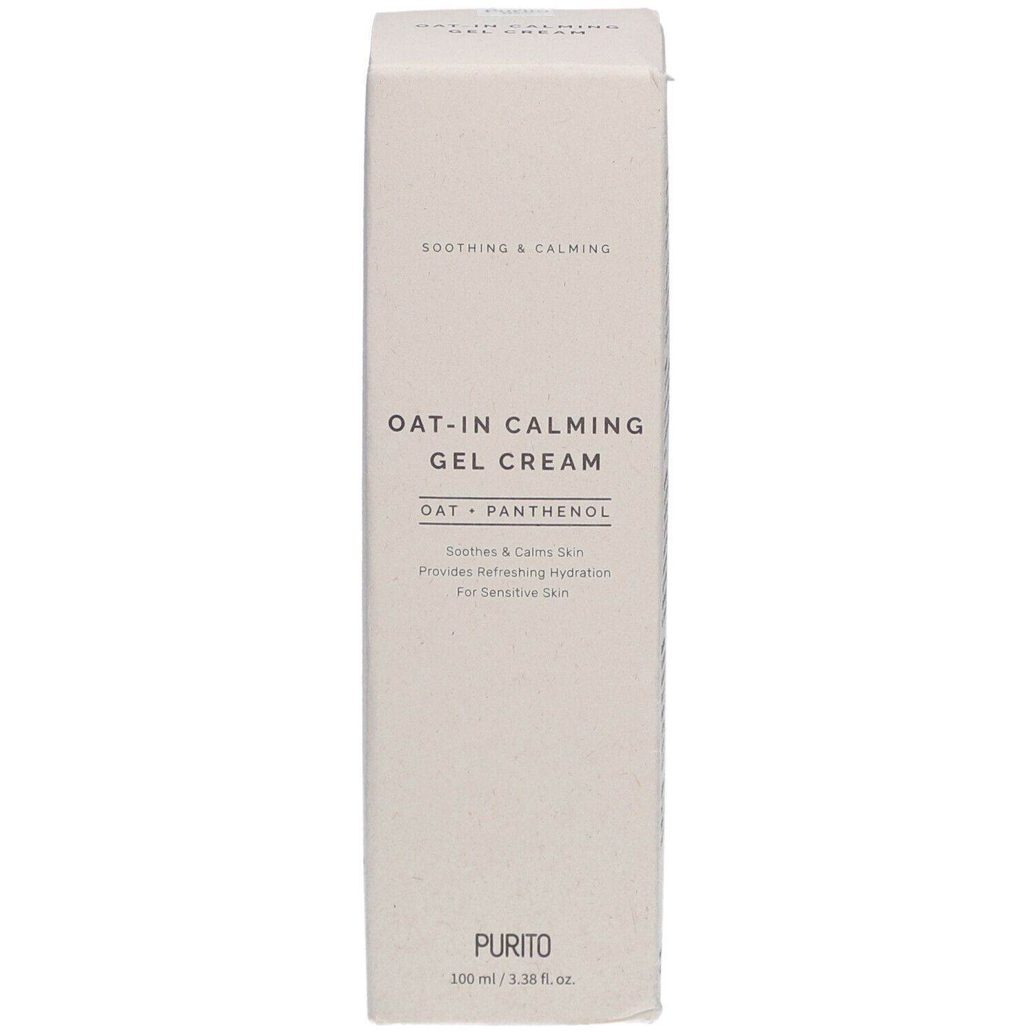 Boîte de crème. OAT-IN CALMING GEL CREAM. Texte, ingrédients, instructions. Logo PURITO. 100 ml.