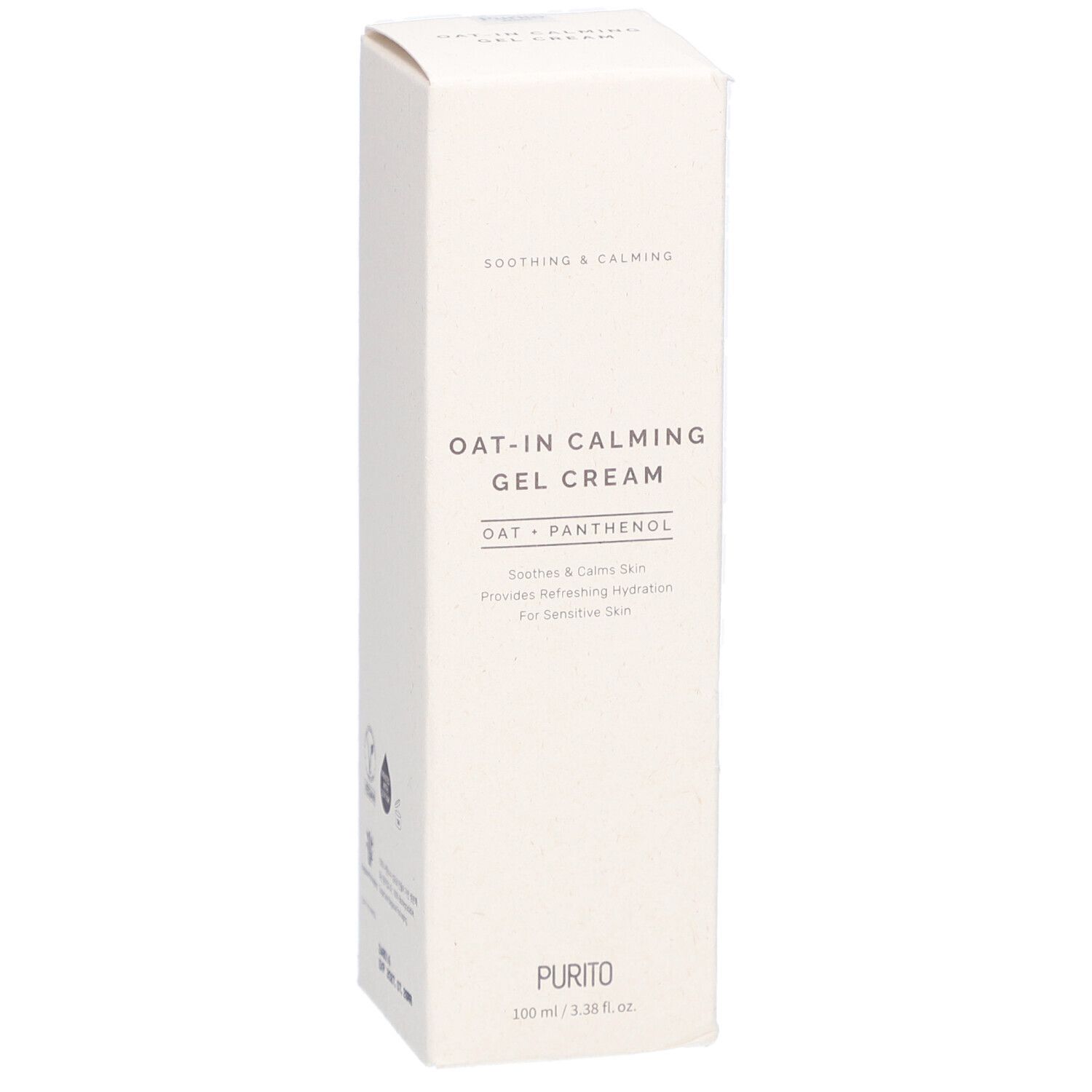 Boîte de crème. OAT-IN CALMING GEL CREAM. Texte, ingrédients, instructions. Logo PURITO. 100 ml.