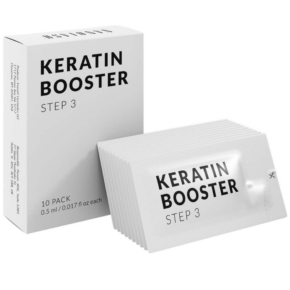 Keratin Booster Step 3. Emballage blanc avec 10 sachets individuels. Inscription : Keratin Booster, Step 3.