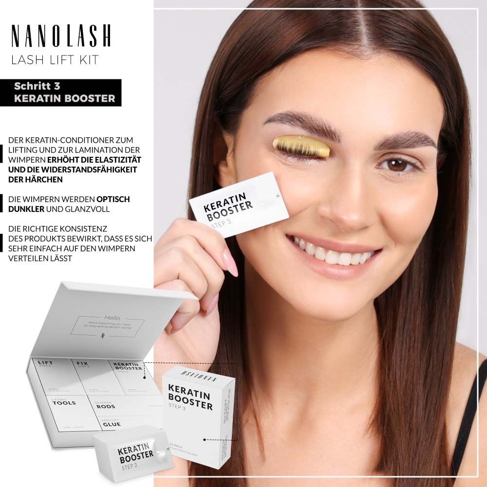 Femme avec Keratin Booster. NANOLASH Lash Lift Kit. Step 3 Keratin Booster. Sachet individuel. Texte : Cils plus foncés et brillants.