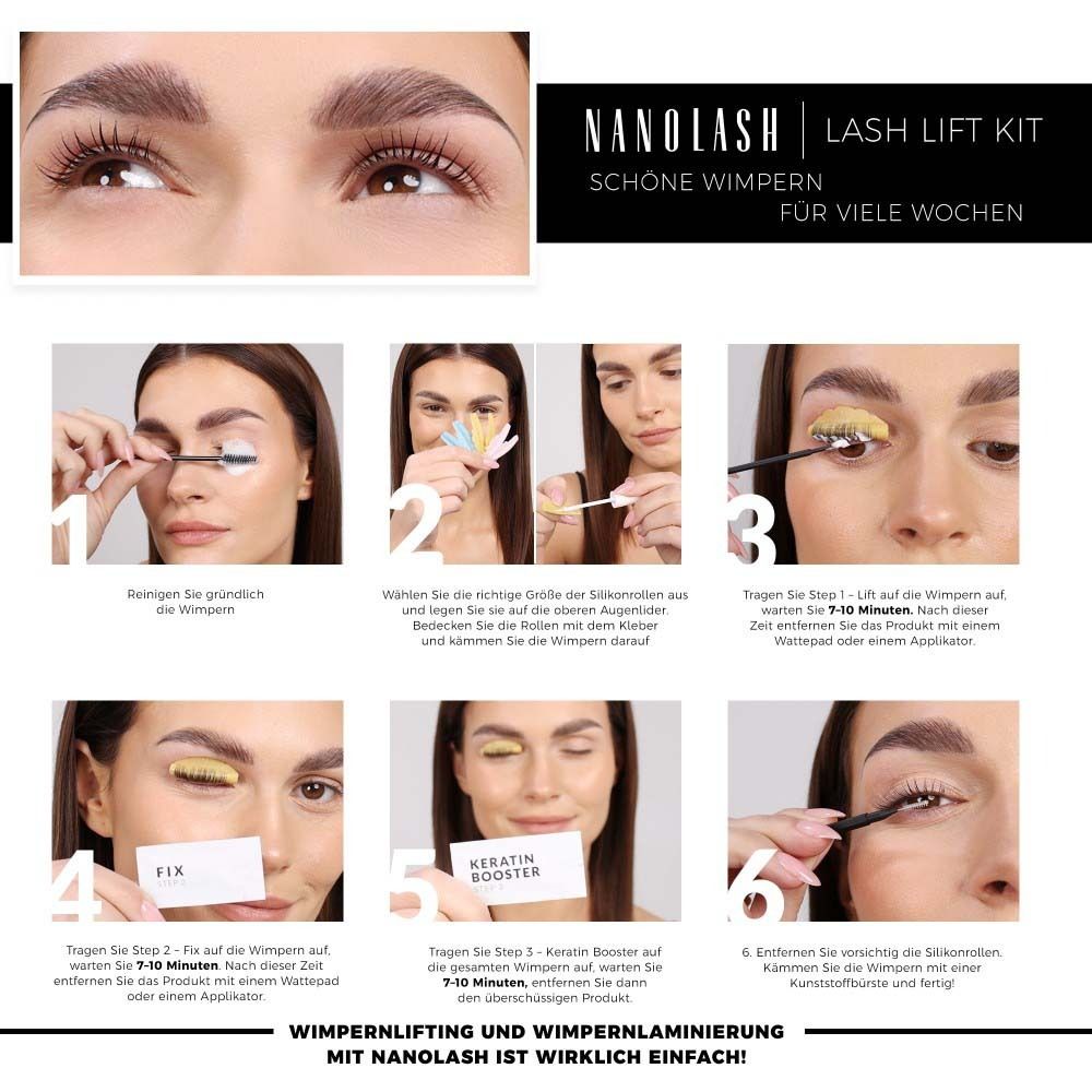 Étapes de la lamination des cils. NANOLASH Lash Lift Kit. 6 images montrent l'application. Texte : Rehaussement et lamination des cils.