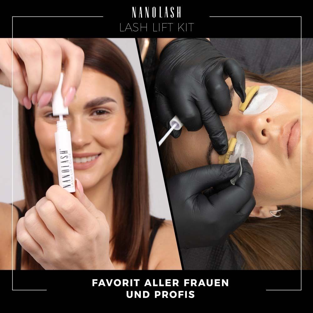 Femme avec produit NANOLASH. Deux images. Texte : Favori de toutes les femmes et des professionnels. Gants noirs.
