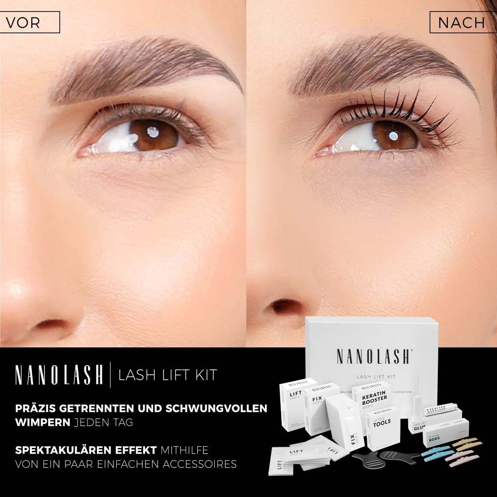 Comparaison avant-après des cils. NANOLASH LASH LIFT KIT et emballages de produits sont visibles en arrière-plan.