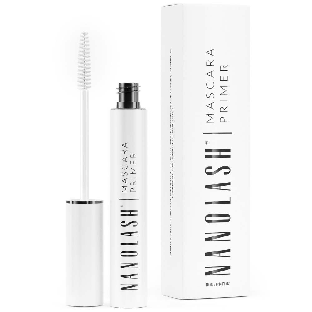 Primer de mascara blanc avec brosse et emballage. Inscription : NANOLASH, Mascara Primer.
