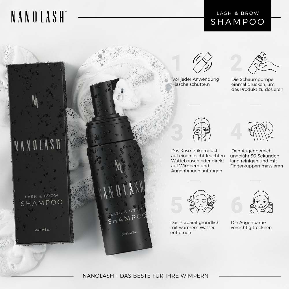 Flacon noir avec "NANOLASH" et "LASH & BROW SHAMPOO" à côté d'un emballage. Instructions textuelles.